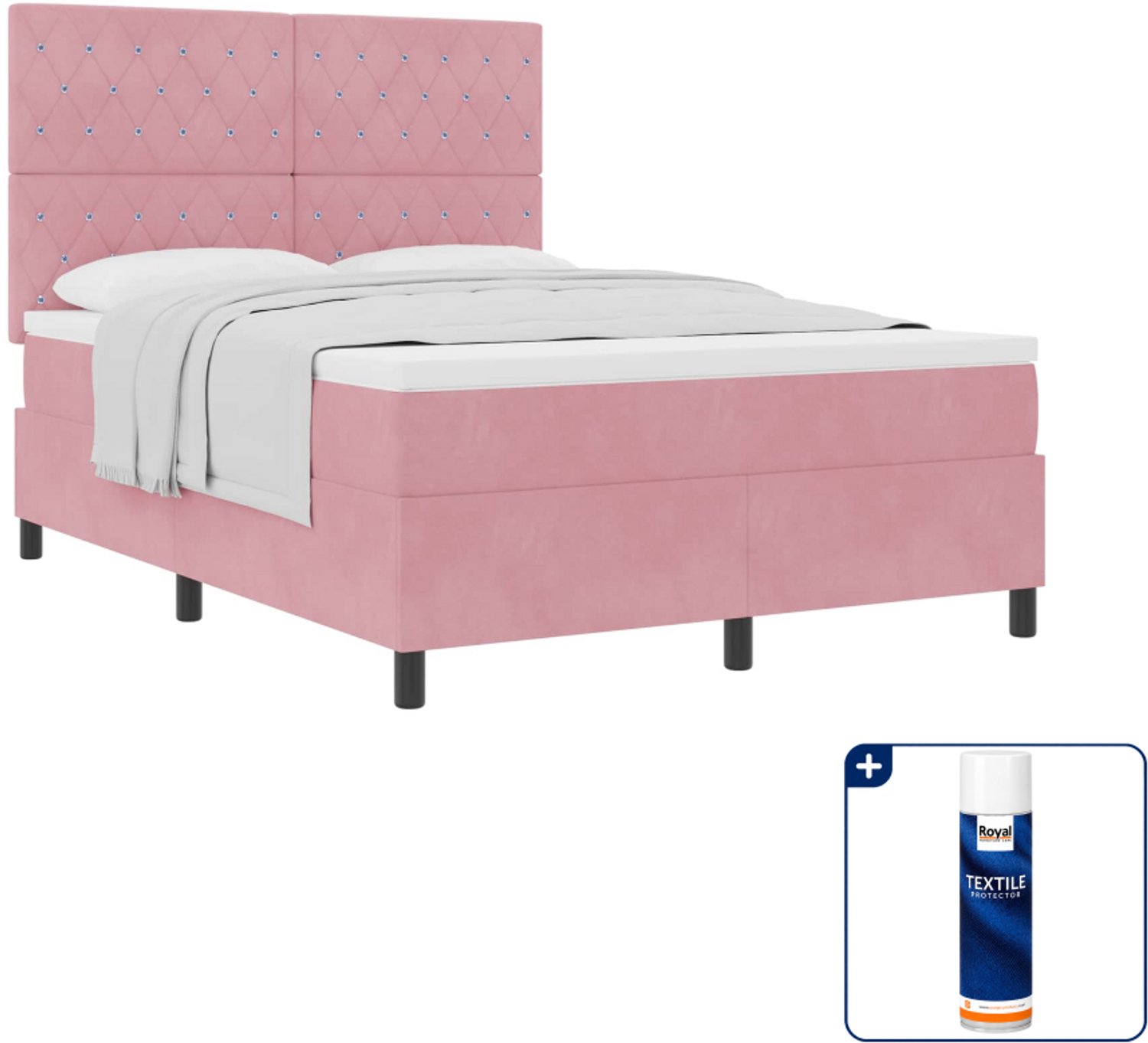 vidaXL boxspringbed - Small double - 140 x 200 cm - roze - fluweel - Inclusief textielbeschermer 500 ml