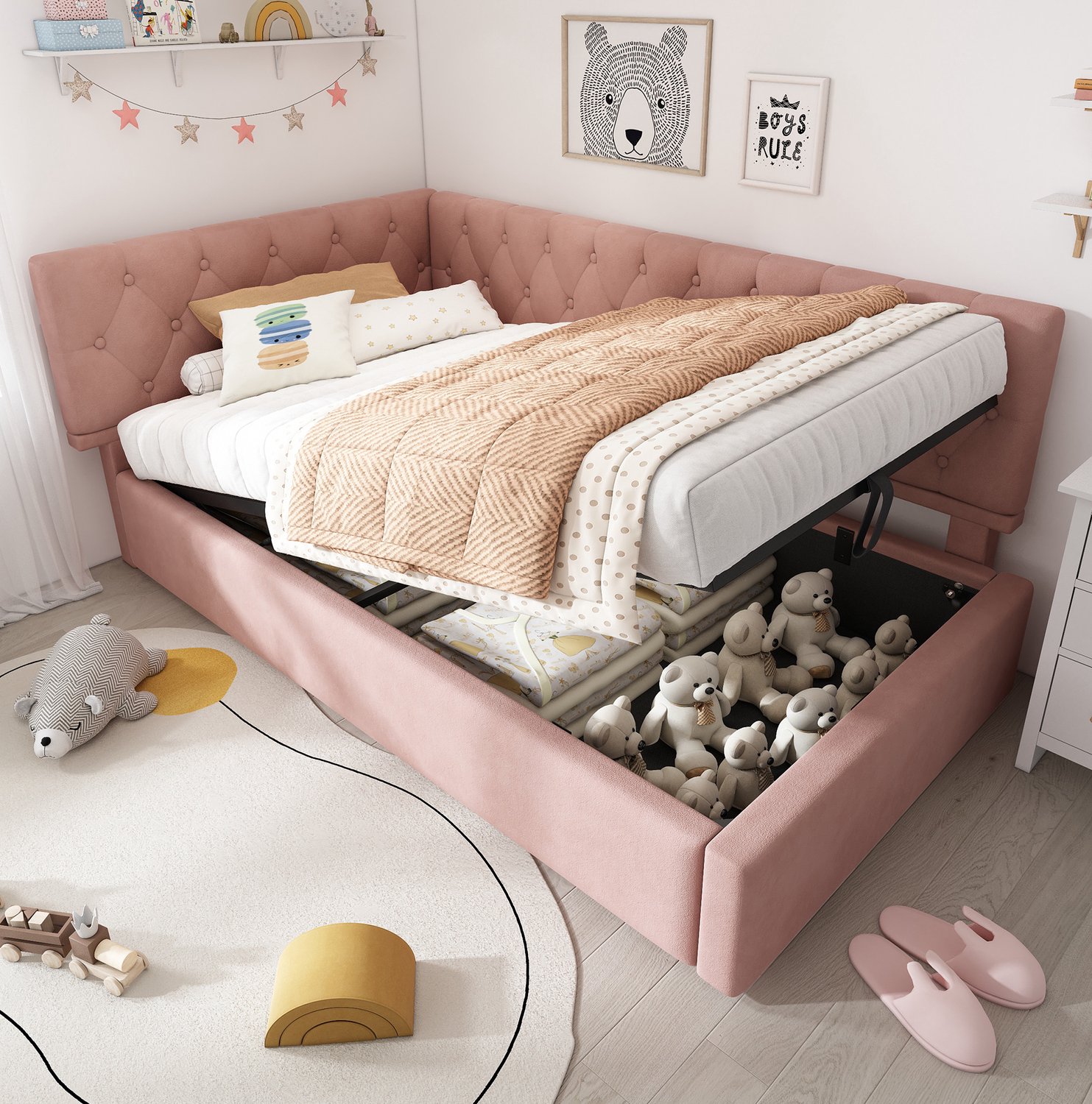 Maisentiel Roze gestoffeerde bedbank 90 x 200 cm met opbergruimte en lattenbodem