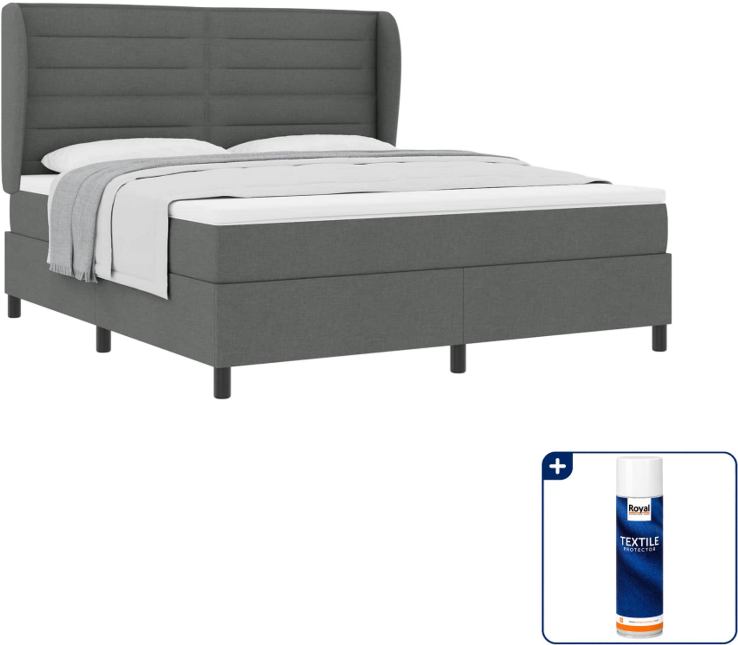 vidaXL Kingsize boxspring met matras - 180 x 200 cm - stof - donkergrijs - Inclusief textielbeschermer 500 ml