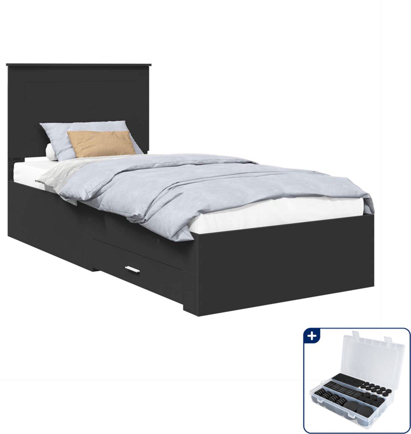 vidaXL bedframe - 75 x 190 cm - bewerkt hout - zwart en zilver - Inclusief antikrasvilt 177-delig Grijs