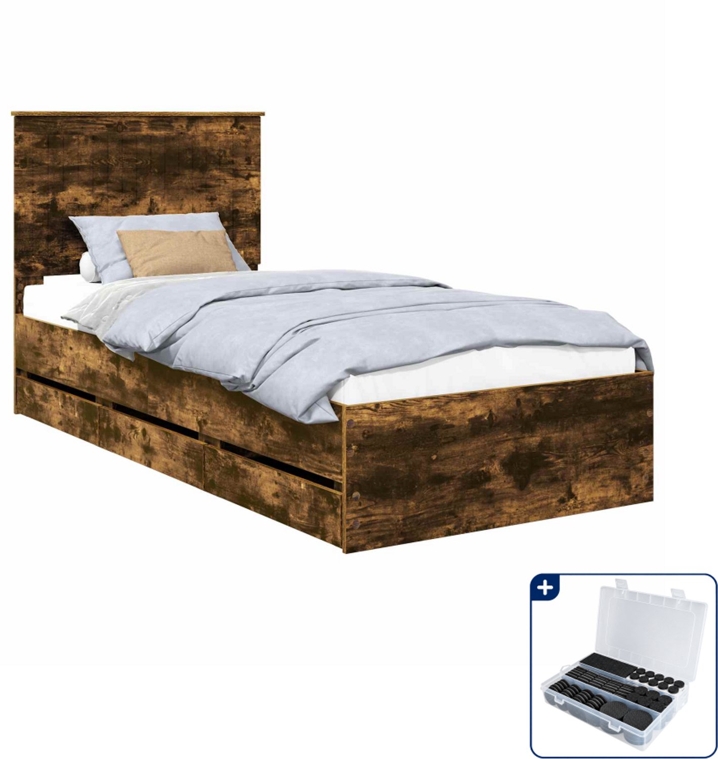 vidaXL Bedframe met lade - 90 x 190 cm - bewerkt hout - gerookt eiken - Inclusief antikrasvilt 177-delig Bruin