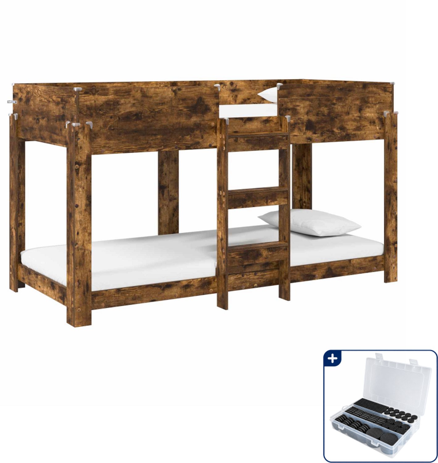 vidaXL stapelbed - 90 x 190 cm - bewerkt hout - gerookt eiken - Inclusief antikrasvilt 177-delig Bruin