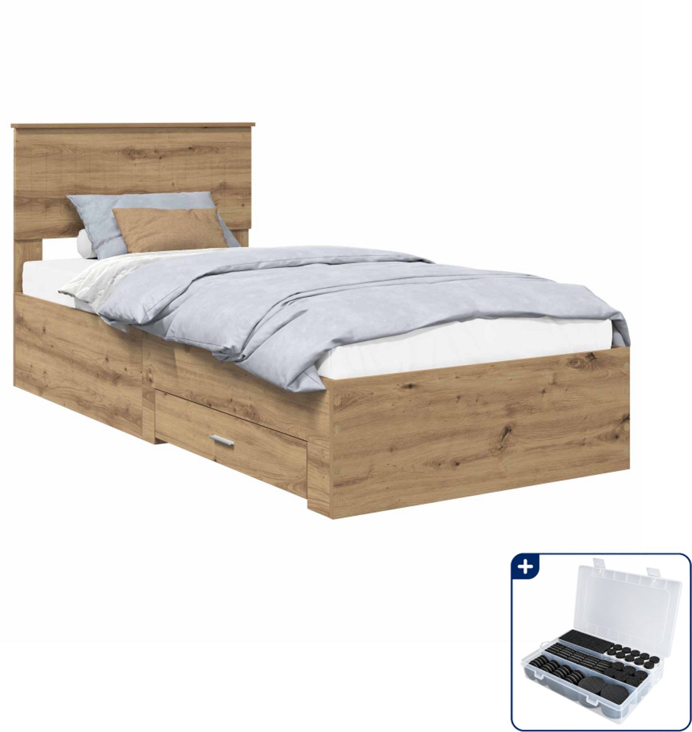 vidaXL bedframe met lade - 90 x 200 cm - bewerkt hout - artisanaal eiken - Inclusief antikrasvilt 177-delig Bruin