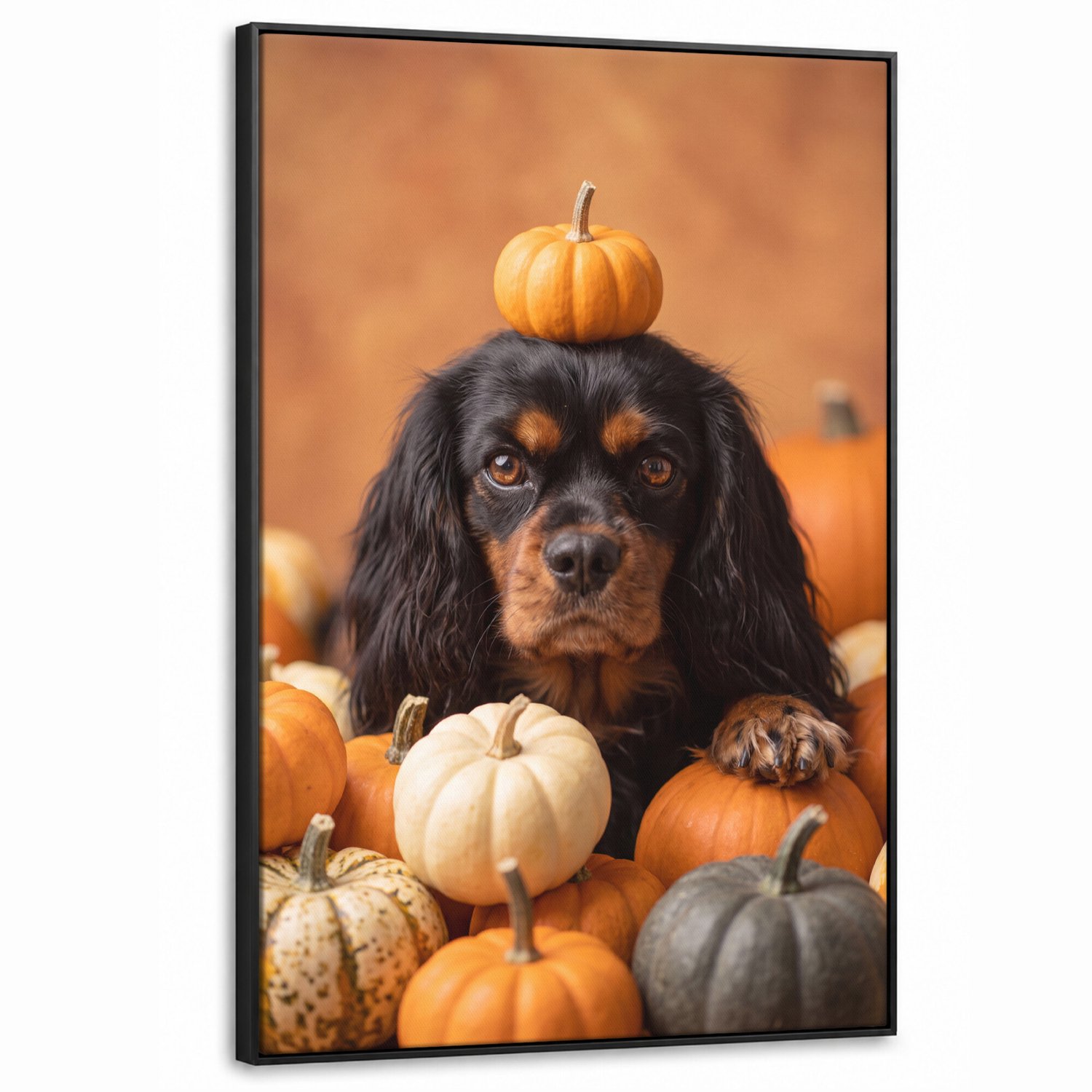 Canvas Schilderij met Baklijst XXL Canvas Schilderij met Baklijst 80x120cm - Hond - Pompoen - Herfst - Muurdecoratie woonkamer - Slaapkamer decoratie - Kamer accessoires - Schilderijen op canvas met lijst groot
