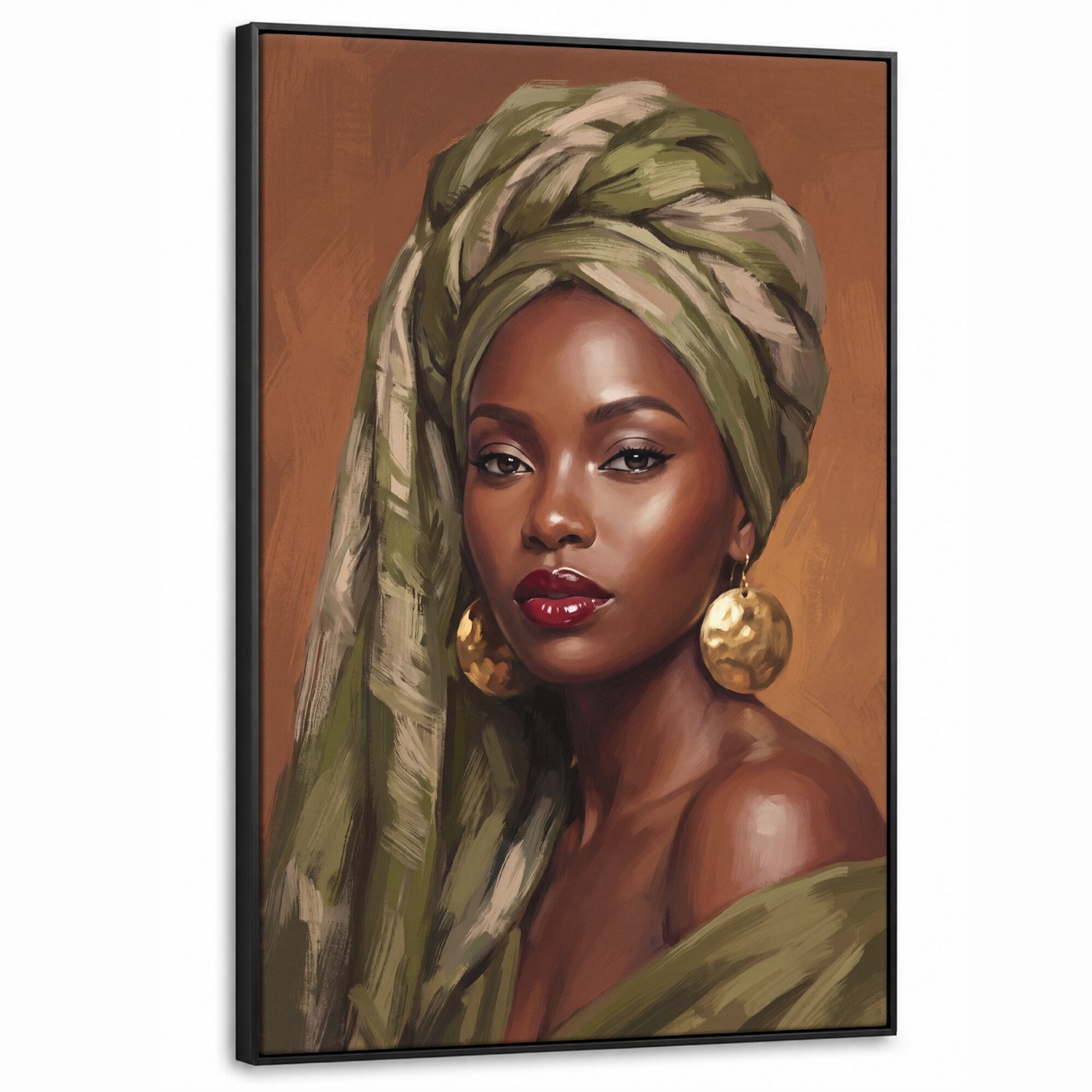Canvas Schilderij met Baklijst XXL Canvas Schilderij met Baklijst 90x140cm - Vrouw - Hoofddoek - Groen - Muurdecoratie woonkamer - Slaapkamer decoratie - Kamer accessoires - Schilderijen op canvas met lijst groot