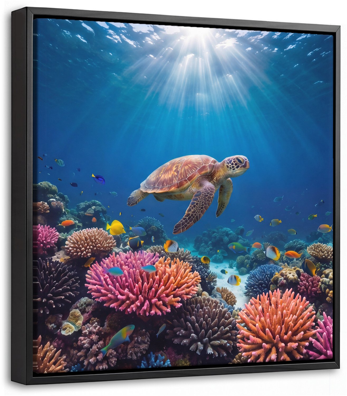 Canvas Schilderij met Baklijst 20x20cm - Schildpad - Koraalrif - Oceaan - Dieren - Blauw - Muurdecoratie woonkamer - Slaapkamer decoratie - Kamer accessoires - Schilderijen op canvas met lijst
