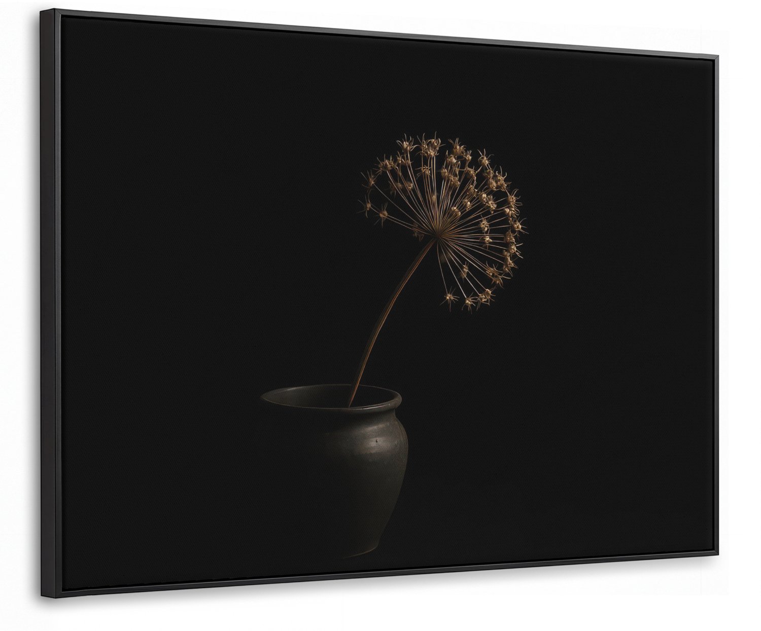Canvas Schilderij met Baklijst 100x70cm - Bol - Gedroogd - Vaas - Zwart - Muurdecoratie woonkamer - Slaapkamer decoratie - Kamer accessoires - Schilderijen op canvas met lijst