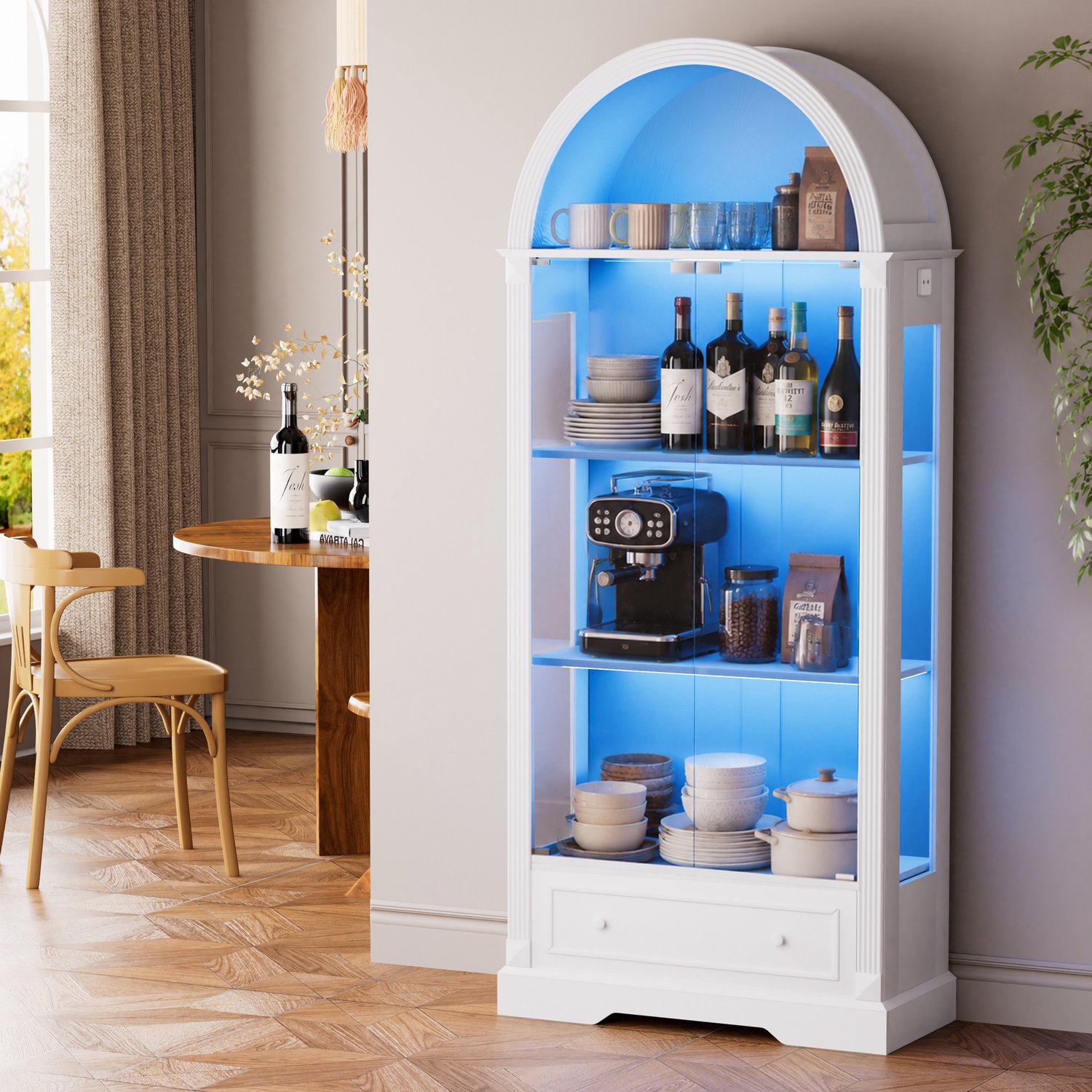 Wishdor Vitrinekast - Glazen deuren en laden - Boogvorm met open vakken en vaste planken - LED-verlichting met bewegingssensor - Landelijke stijl - MDF en glas - Wit - 80 x 35 x 180 cm