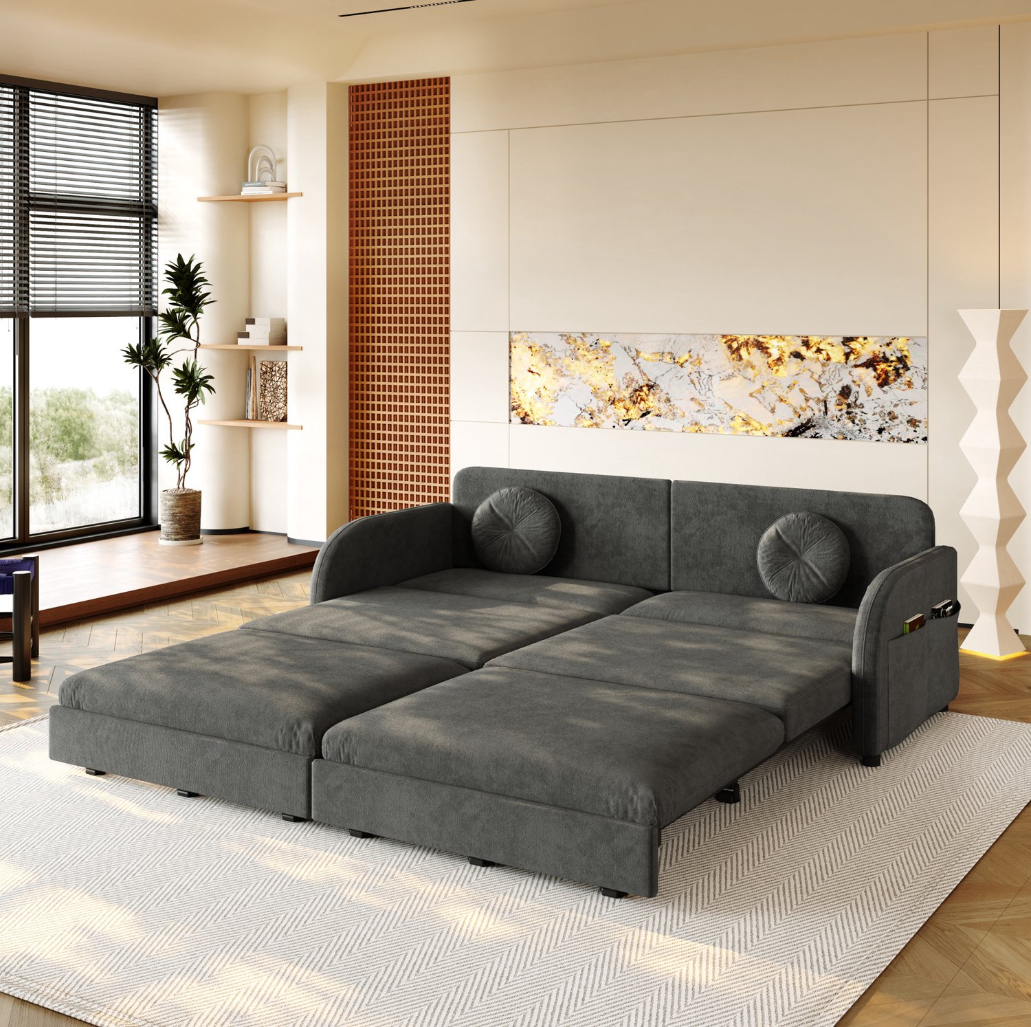 MODENUIT Slaapbank 206 x 84 x 90 cm - Uitschuifbaar met Zijvakken - Voor Woonkamer - Chenille - Grijs