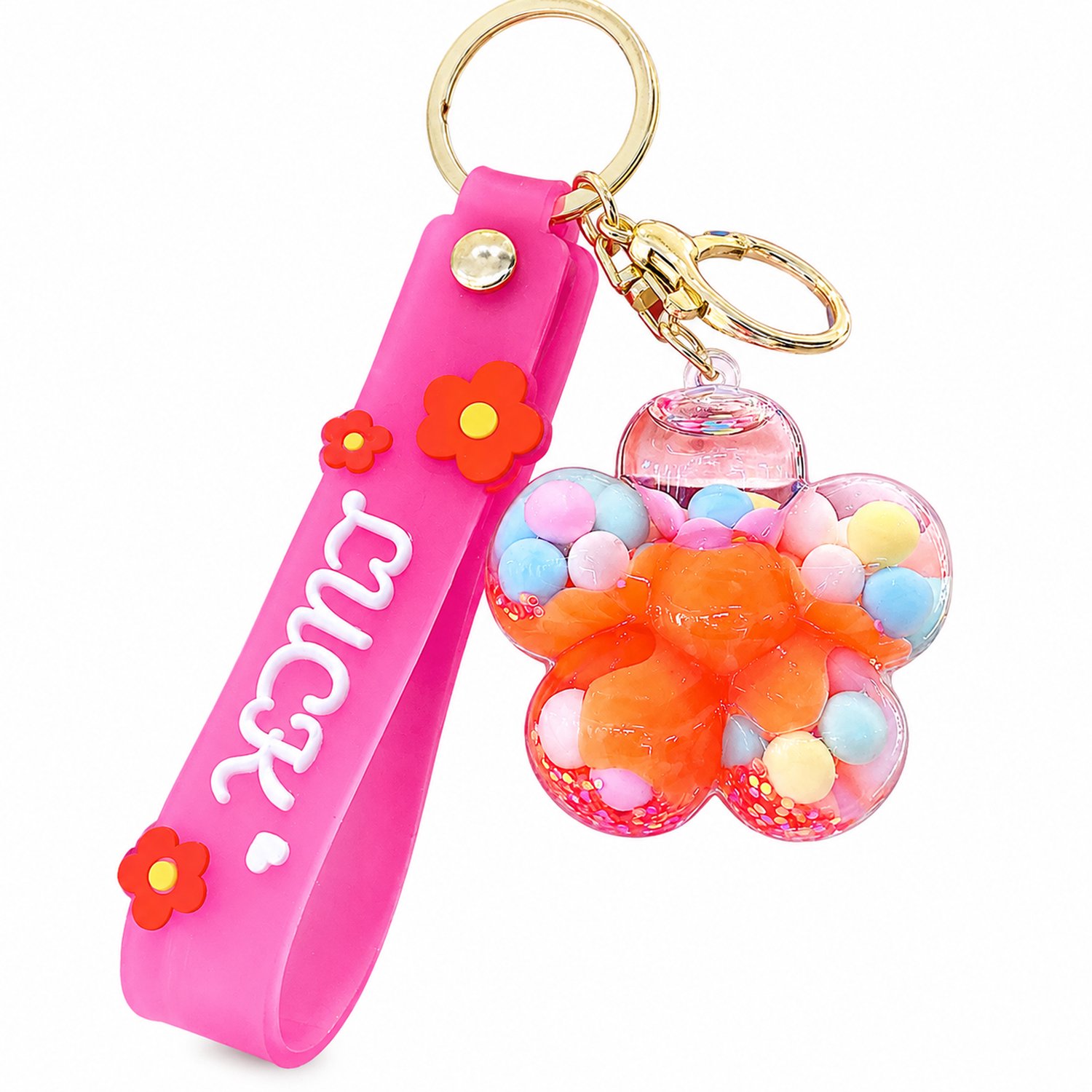 Sleutelhanger met acryl bloemenhanger, gekleurde bolletjes, roze lus en goudkleurige sleutelringen, individueel verpakt