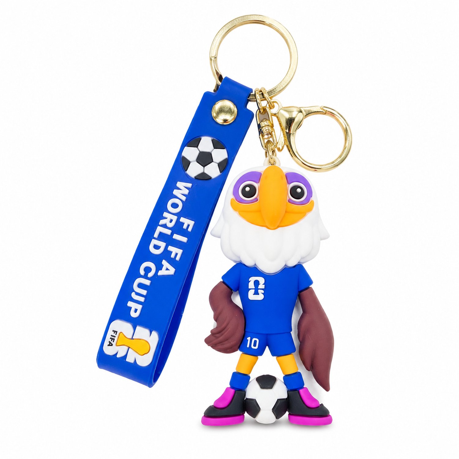 Sleutelhanger met cartoonadelaar, blauwe lus, sleutelring en sluitclip, voetbalthema, siliconen/PVC, individueel verpakt