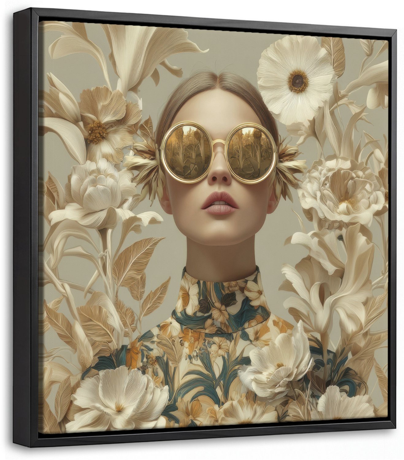 Canvas Schilderij met Baklijst 20x20cm - Vrouw - Bloemen - Zonnebril - Wit - Muurdecoratie woonkamer - Slaapkamer decoratie - Kamer accessoires - Schilderijen op canvas met lijst