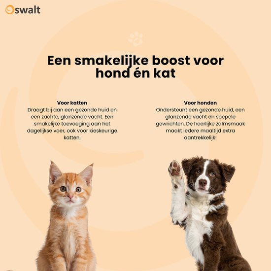 Een oranje kitten en een bruin-witte hond die een poot geeft, met tekst over de voordelen voor hond en kat.