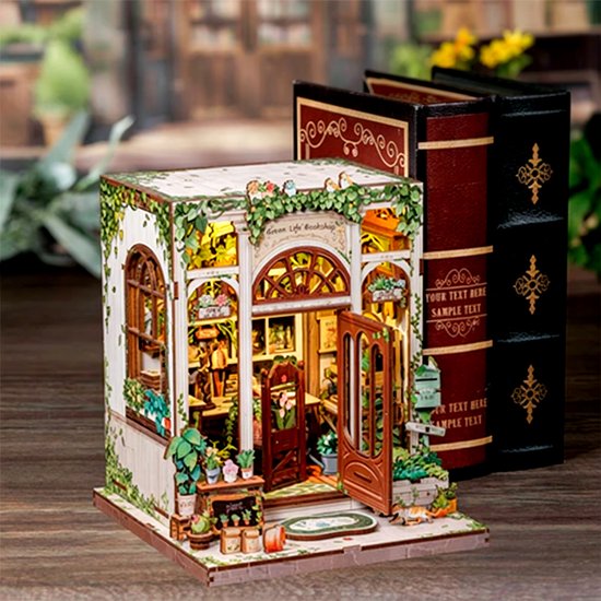 DIY "Boekenhoek" Bouwmodel - Mini Groene Boekhandel - 3D Houten Puzzel - Zelf in elkaar te zetten Huis - Miniatuur Scène Set - Model Speelgoed - Geschikt voor Boekenplanken en Woondecoratie - Inclusief LED-verlichting