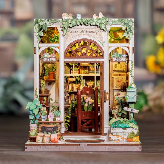 DIY "Boekenhoek" Bouwmodel - Mini Groene Boekhandel - 3D Houten Puzzel - Zelf in elkaar te zetten Huis - Miniatuur Scène Set - Model Speelgoed - Geschikt voor Boekenplanken en Woondecoratie - Inclusief LED-verlichting