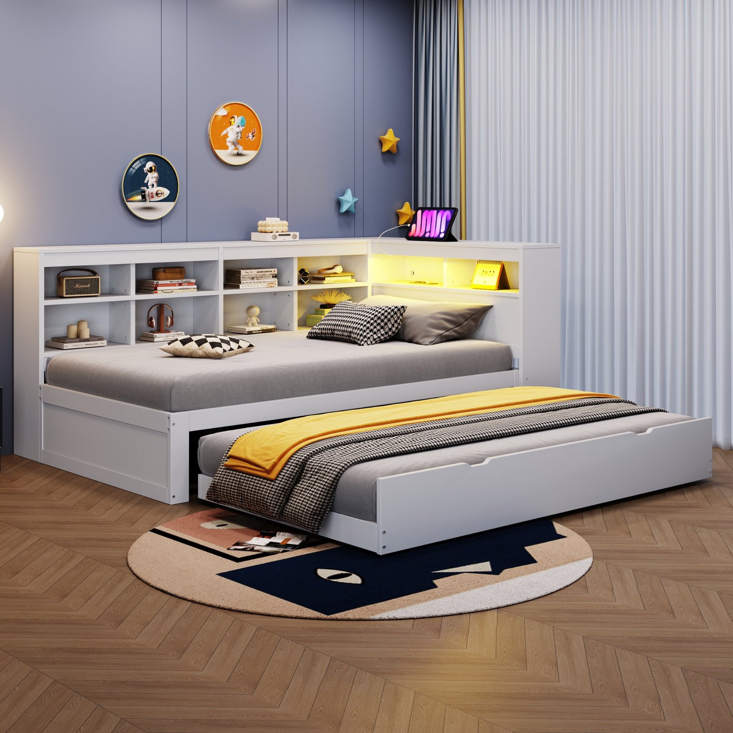 Zubaliya Bedframe - 90 x 200 cm - Wit - hout - LED-verlichting - USB-aansluiting - Uitschuifbaar