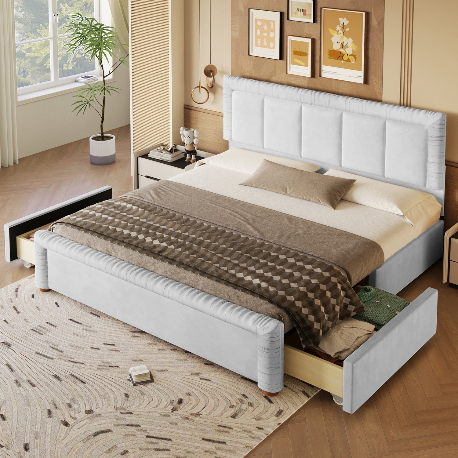OKWISH Gestoffeerd Bed 180x200 cm - Tweepersoonsbed met Twee Opberglades - Flexibele Ladeplaatsing - Fluwelen Bekleding - Zonder Matras - Grijs