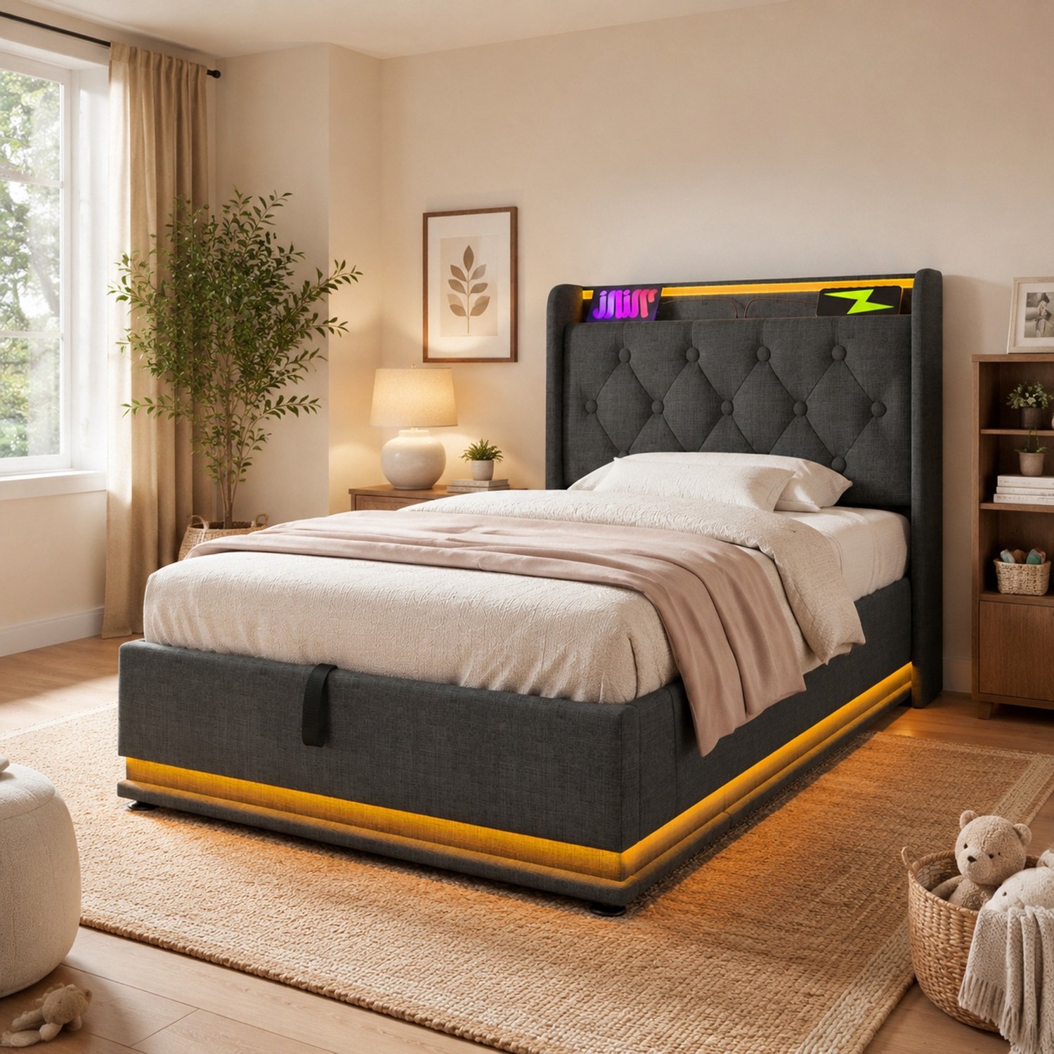 Maisentiel Eenpersoonsbed 90 x 200 cm grijs linnen met opbergruimte, LED en lattenbodem