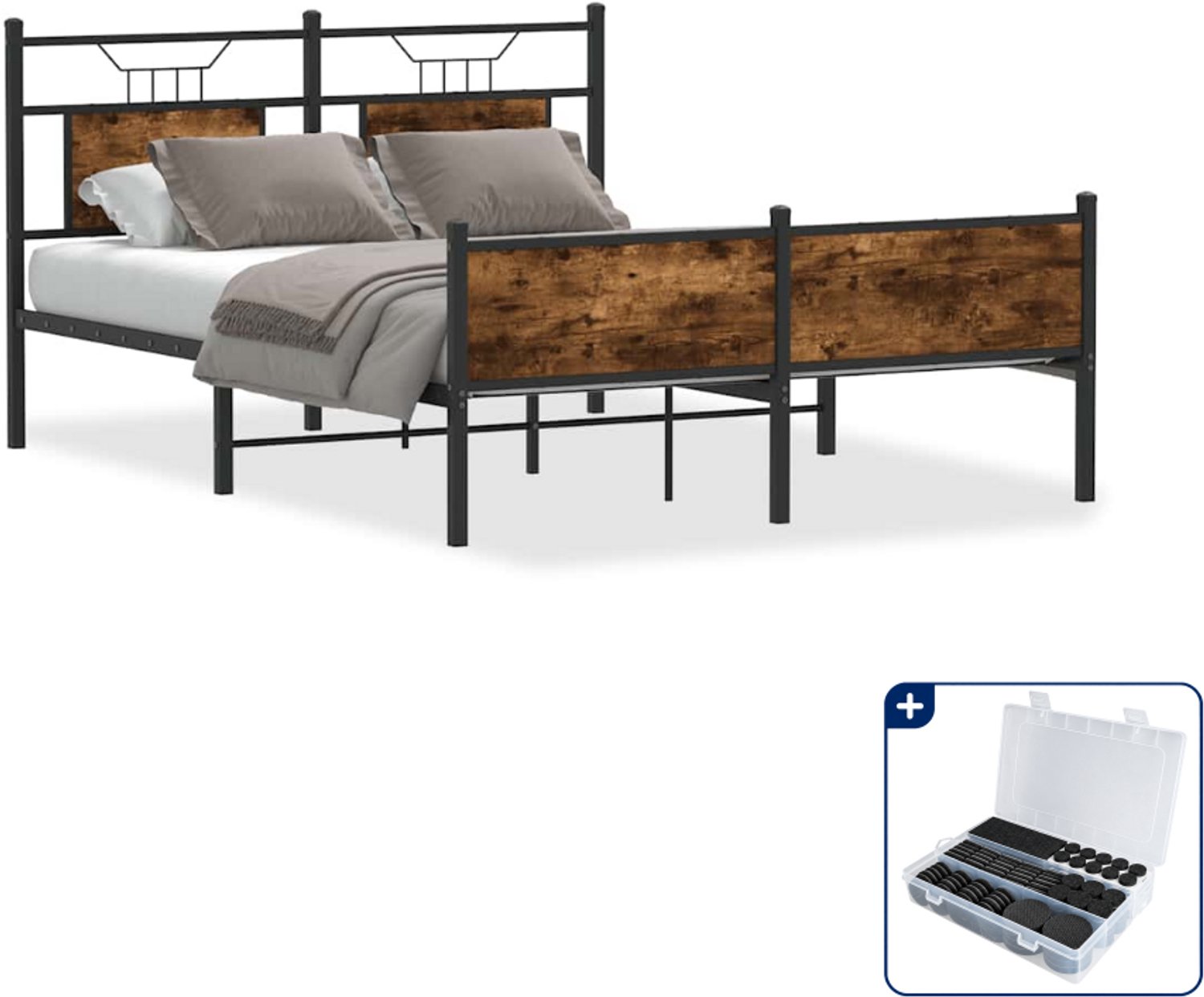 vidaXL bedframe - 137 x 190 cm - bewerkt hout en staal - gerookt eiken - Inclusief antikrasvilt 177-delig Bruin