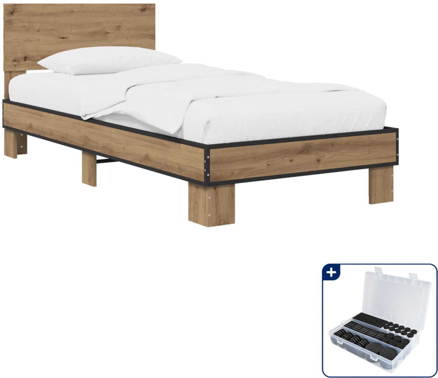 vidaXL bedframe met hoofdeinde - 80 x 200 cm - bewerkt hout - eiken - Inclusief antikrasvilt 177-delig Bruin