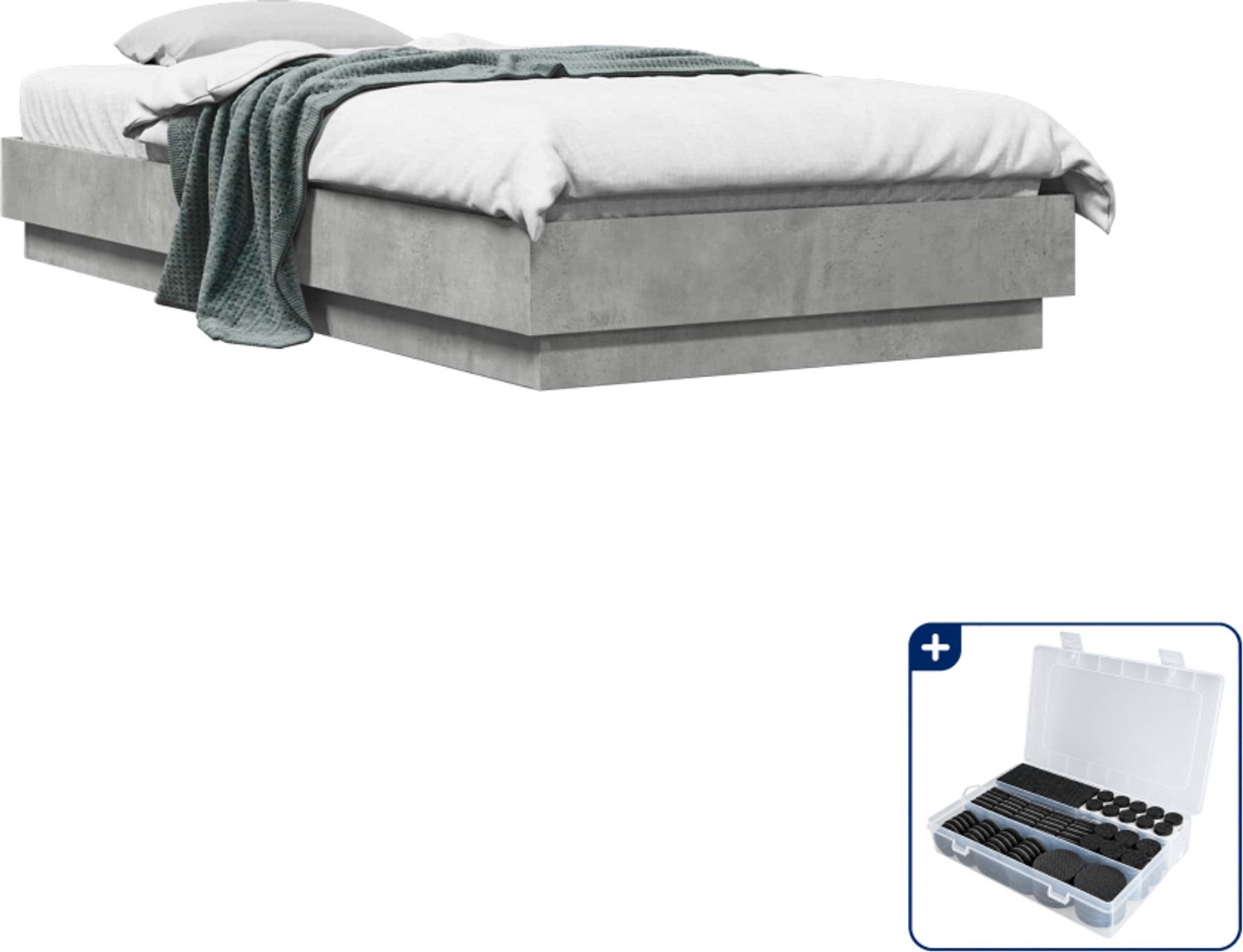 vidaXL vloerbedframe - 80 x 200 cm - bewerkt hout - betongrijs - Inclusief antikrasvilt 177-delig