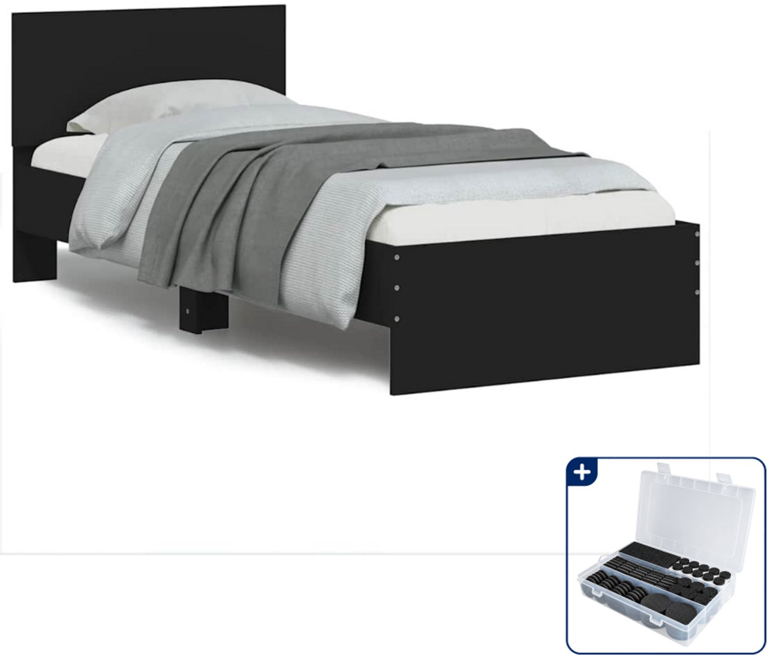 vidaXL bedframe met hoofdbord - 75 x 190 cm - bewerkt hout - zwart - Inclusief antikrasvilt 177-delig