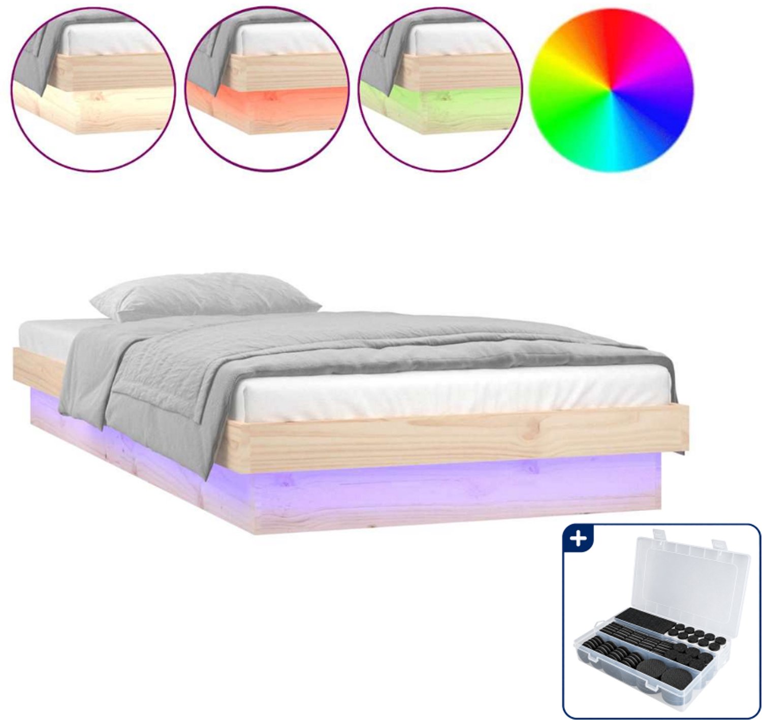 vidaXL bedframe met LED - 75 x 190 cm - massief grenenhout - Inclusief antikrasvilt 177-delig Bruin