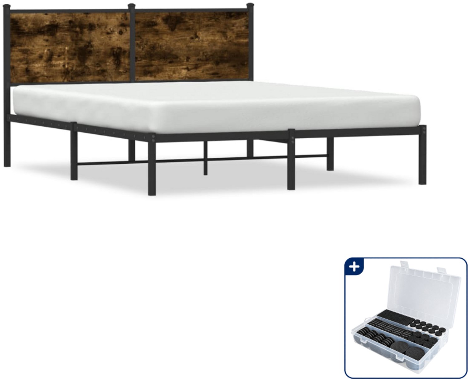 vidaXL bedframe - 140 x 190 cm - staal - gerookt eiken - Inclusief antikrasvilt 177-delig Bruin