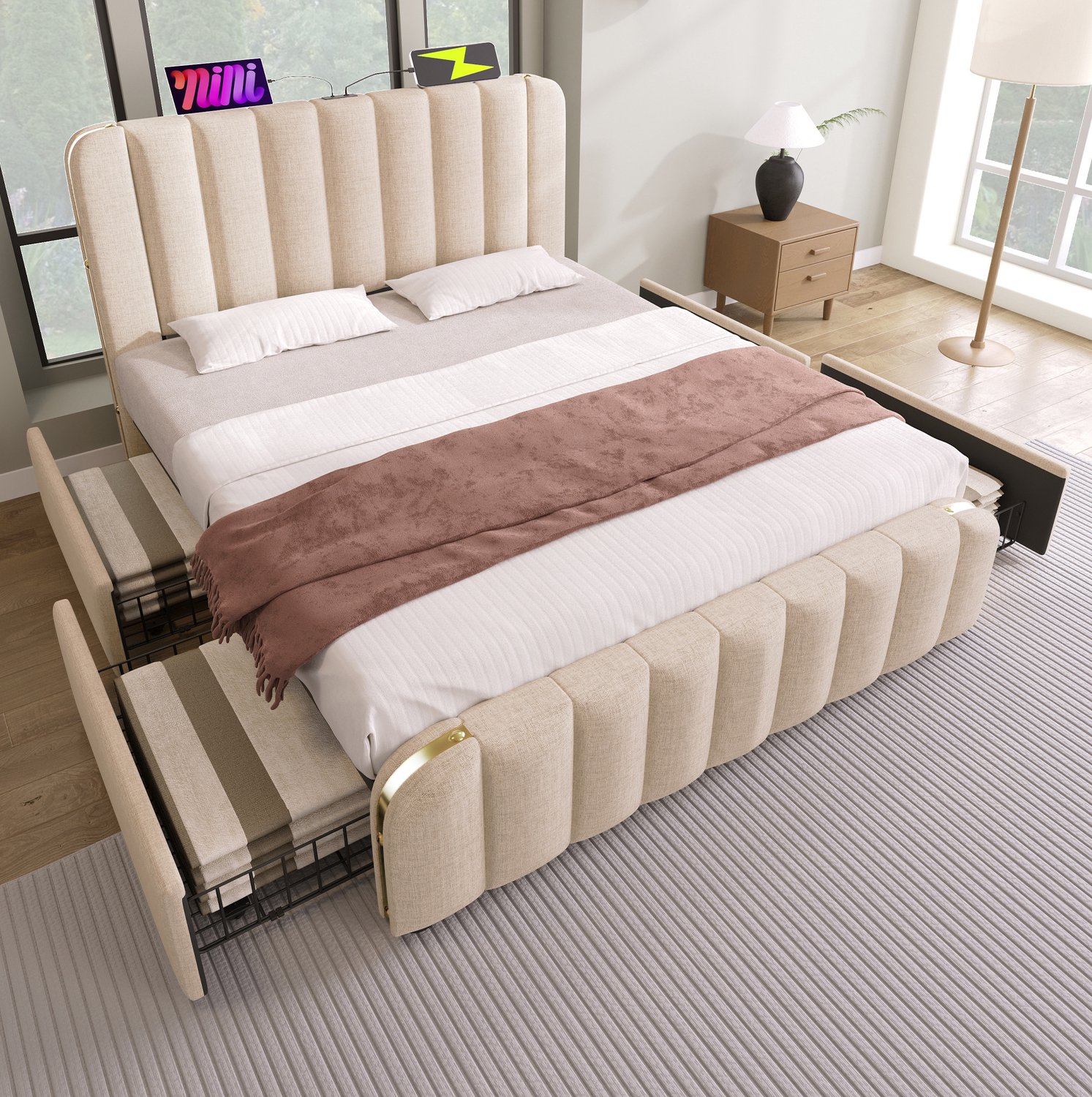 Maisentiel Tweepersoonsbed 160 x 200 cm beige met 4 bedladen, lattenbodem en USB-C