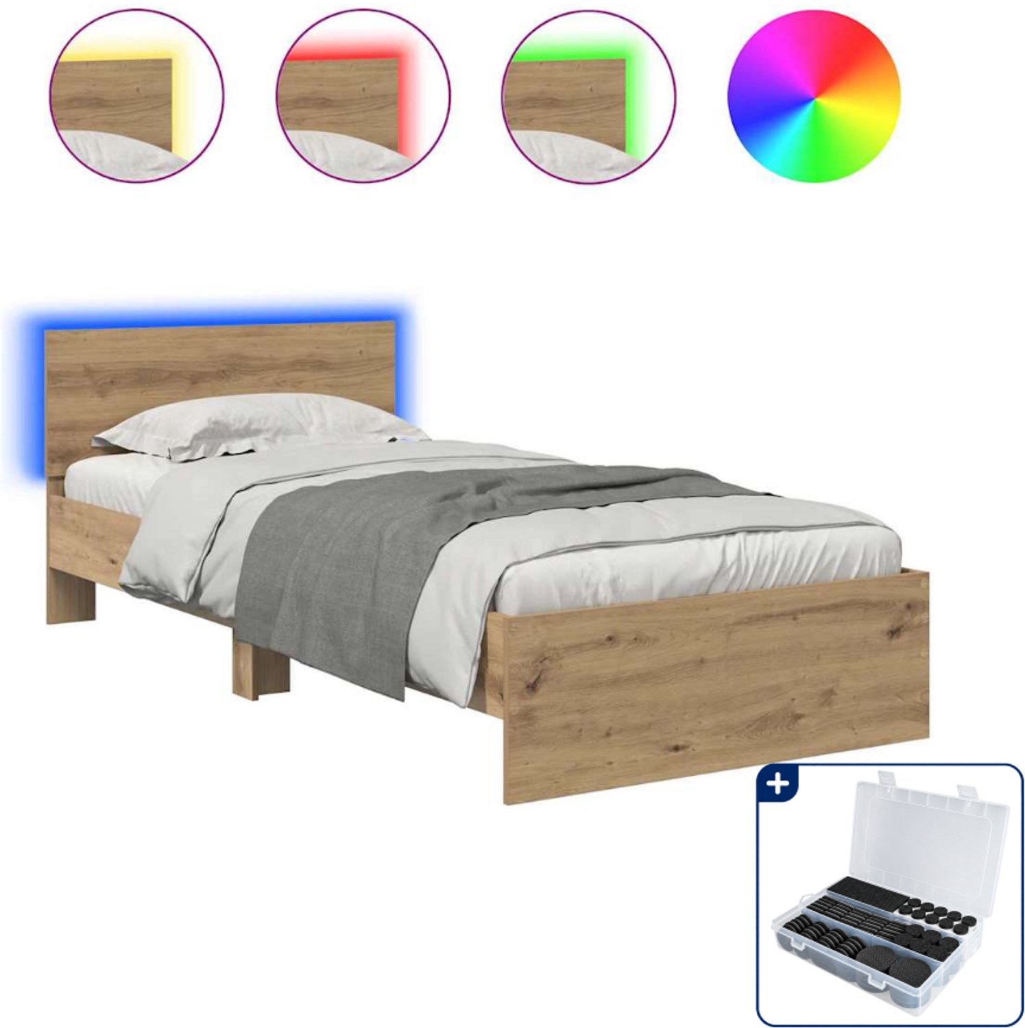 vidaXL bedframe met led - 90 x 190 cm - bewerkt hout - artisan eiken - Inclusief antikrasvilt 177-delig Bruin