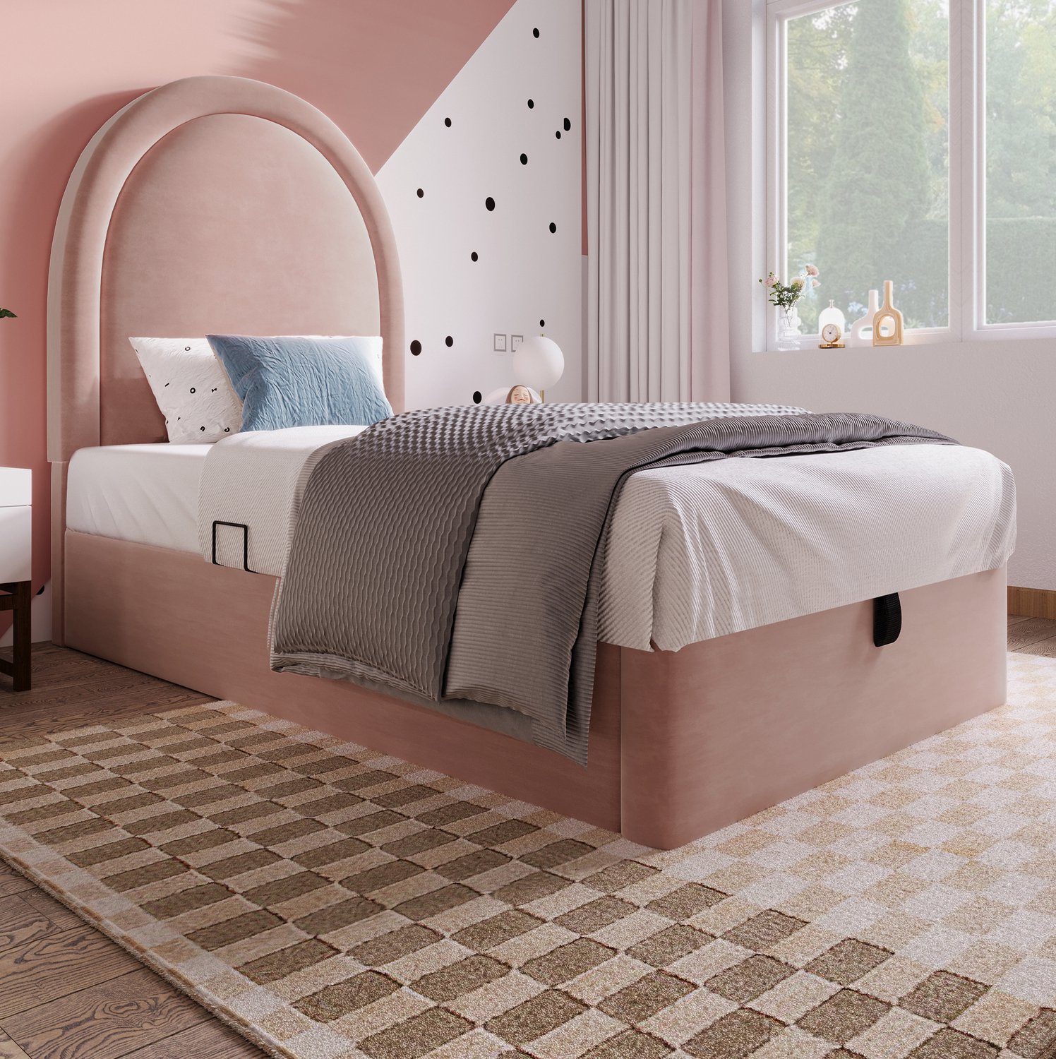 Maisentiel Roze gestoffeerd kinderbed 90 x 200 cm met opbergruimte en hydraulische lattenbodem