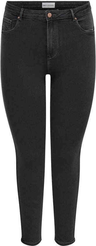 Vooraanzicht van een zwarte skinny jeans met hoge taille, voorzien van het label ONLY CARMAKOMA in de tailleband.