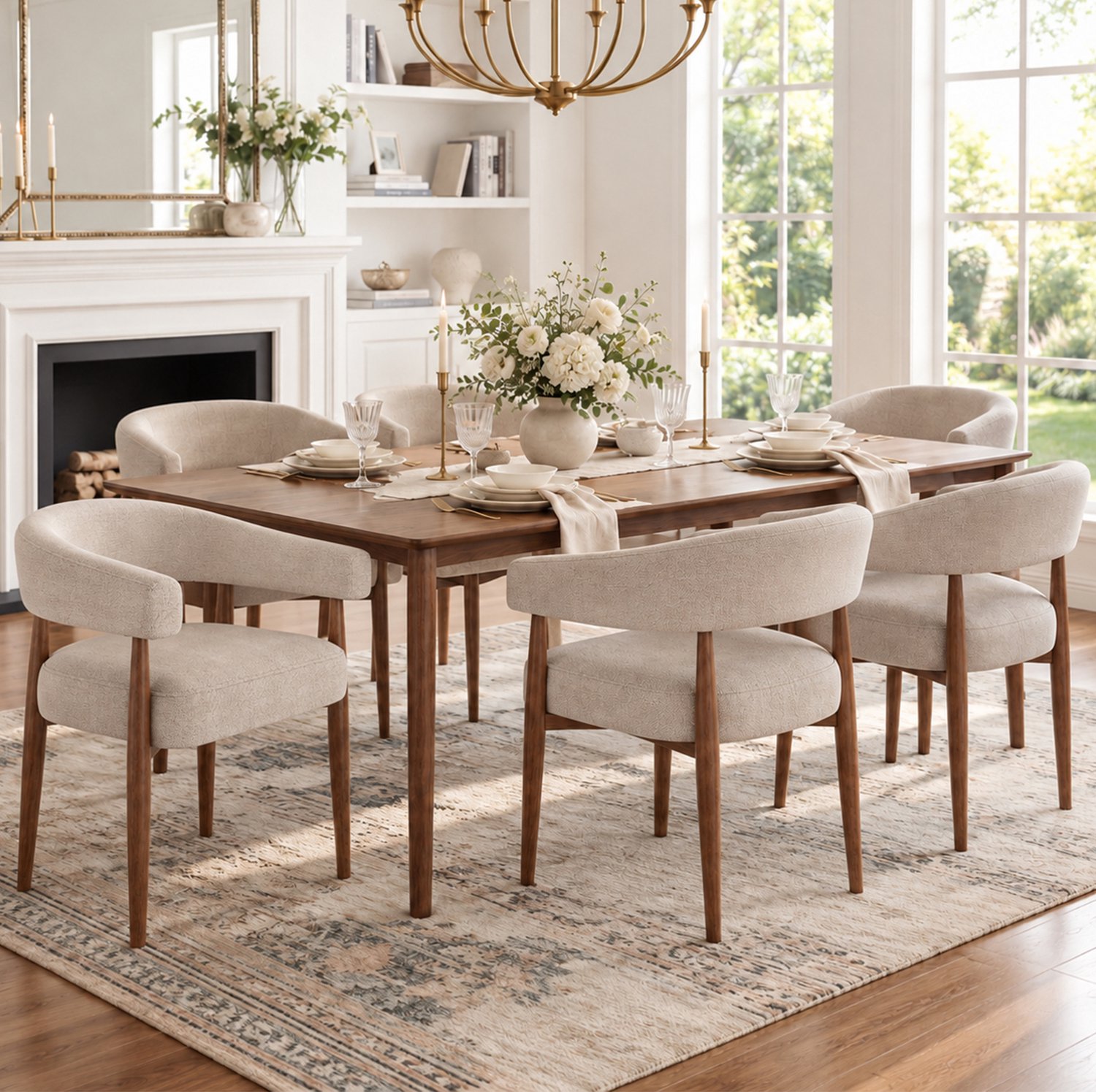 OKWISH Eetkamerstoelen 60 x 59 x 75 cm - Set van 6 met Armleuningen en Gebogen Rugleuning - Eetkamer en Woonkamer - Metaal en Chenille - Taupe