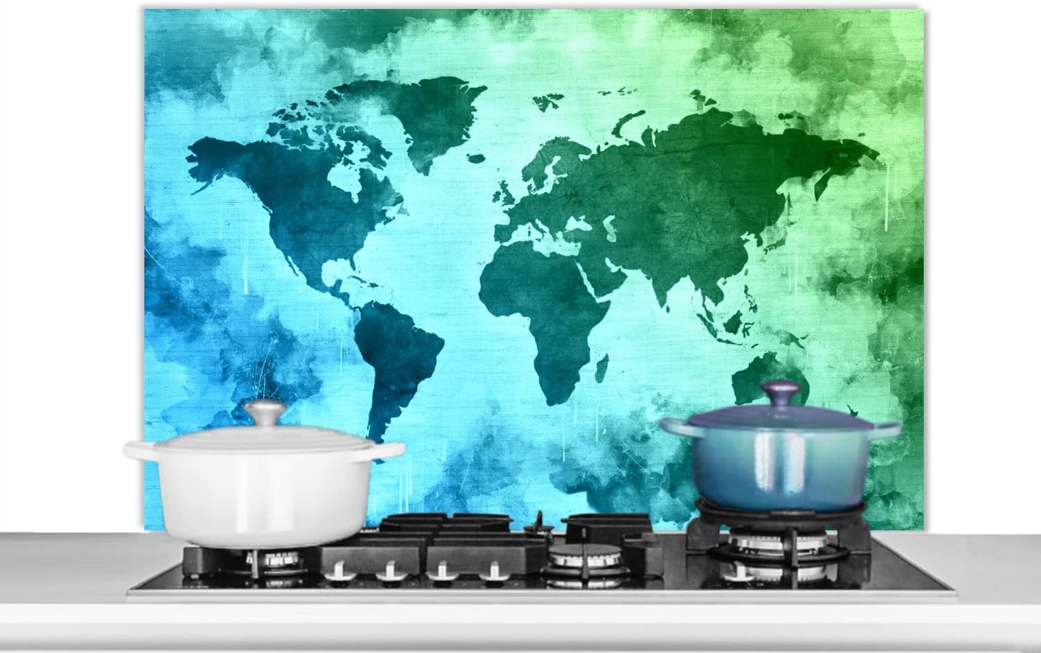 Spatscherm Keuken - 100x65 cm - Wereldkaart - Blauw - Groen