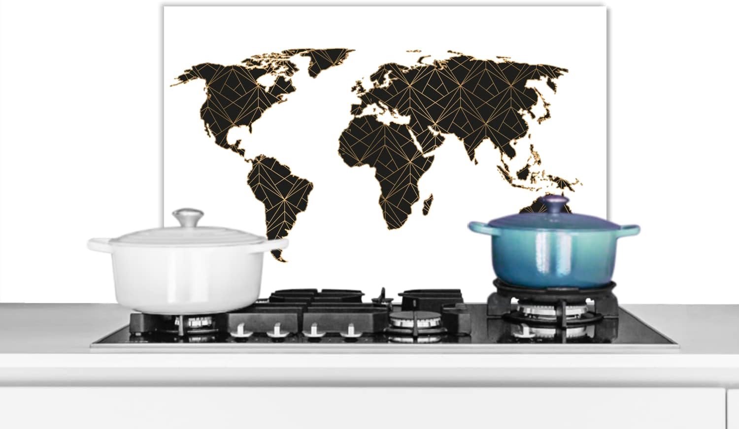Spatscherm Keuken - 70x50 cm - Wereldkaart - Zwart - Goud - Kinderen - Jongens - Meisjes