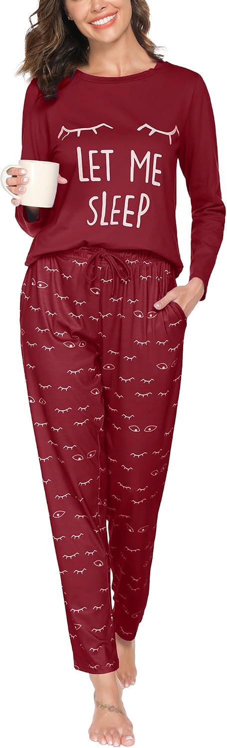 Pyjama Dames Lange Pyjama Katoenen Winter Pyjama Set Ronde Hals Top en Pyjamabroek Lange Mouwen Loungewear Nachtkleding Huispak Gezellig Vrijetijdspak