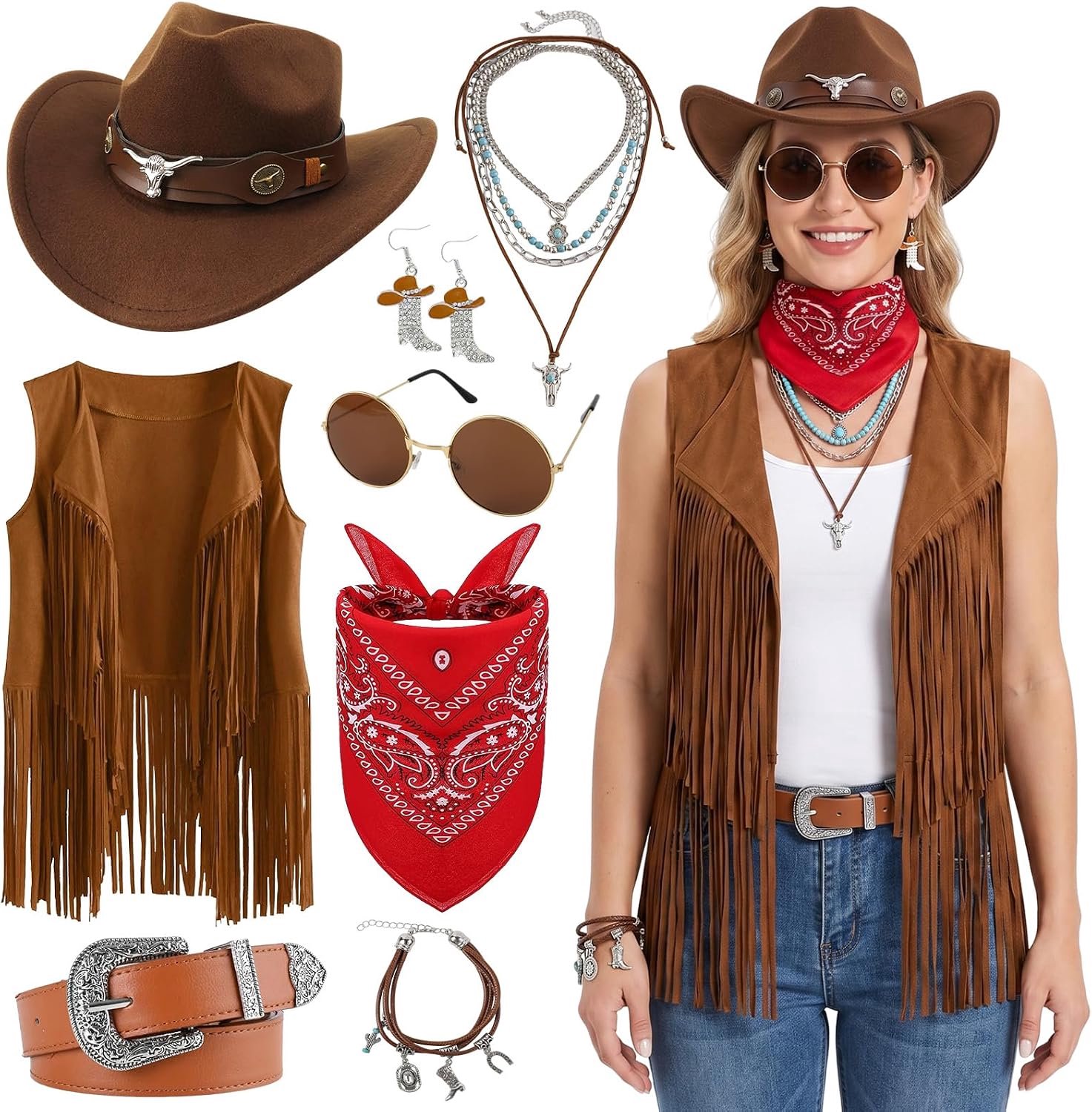 Western, cowboyoutfit, heren en dames, hippie-kleding, bruin, vest met kwastjes, cowboyhoeden, riem, halsketting, bandana, jaren '60 en 70, carnavalskostuums, carnaval en