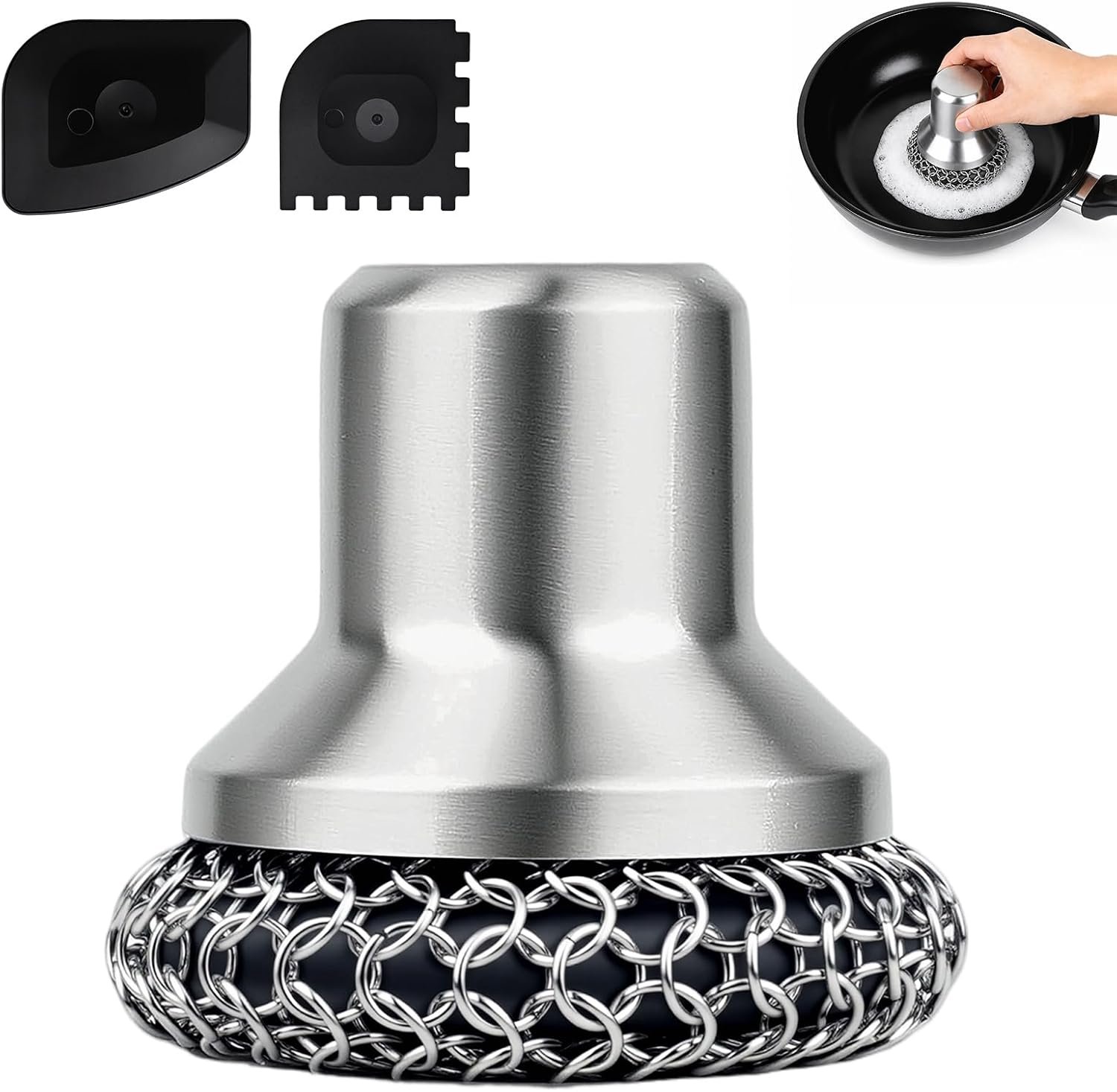 Schrubber voor gietijzeren pannen, hoogwaardig roestvrij staal voor effectieve, pannenreiniger met schrapers, kettingborstel voor servies, pannen, grillplaten, grills