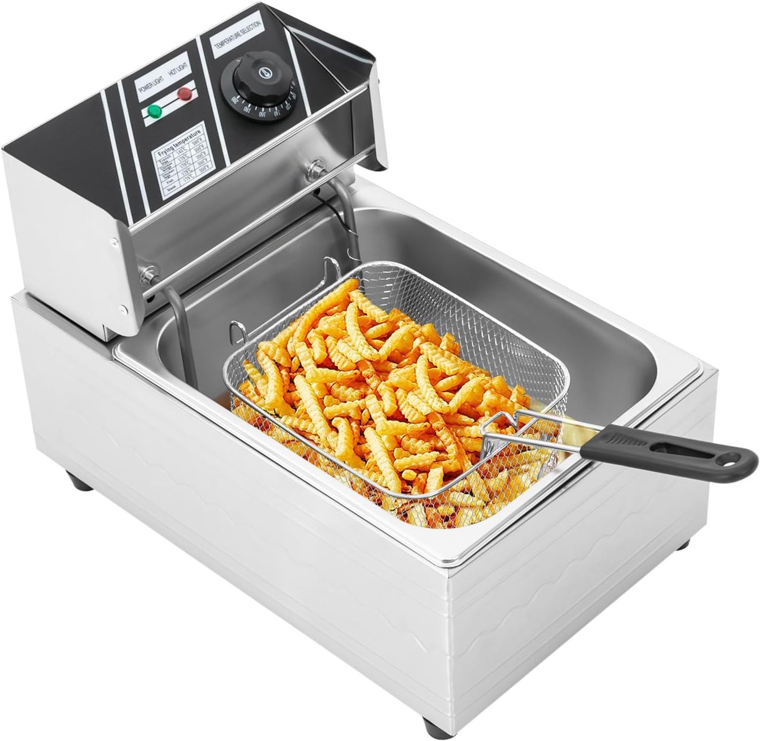 Friteuse, 2500 W, commerciële 6 l roestvrij stalen friteuse met olieafdruipmand en deksel, temperatuurregeling, roestvrij staal, rechthoekige friteuse, groot apparaat voor gastronomie