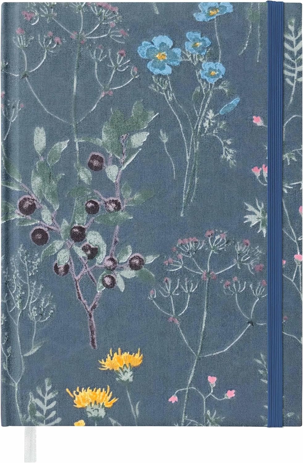 Notitieboek A5 Gelijnd, Katoenen Hardcover Dagboek met Bloemen, A5 Dagboek voor Vrouwen, Platliggend, 100 g/m² Dik Papier met Leeslint en Elastiek (Donkerblauwe Bloem)