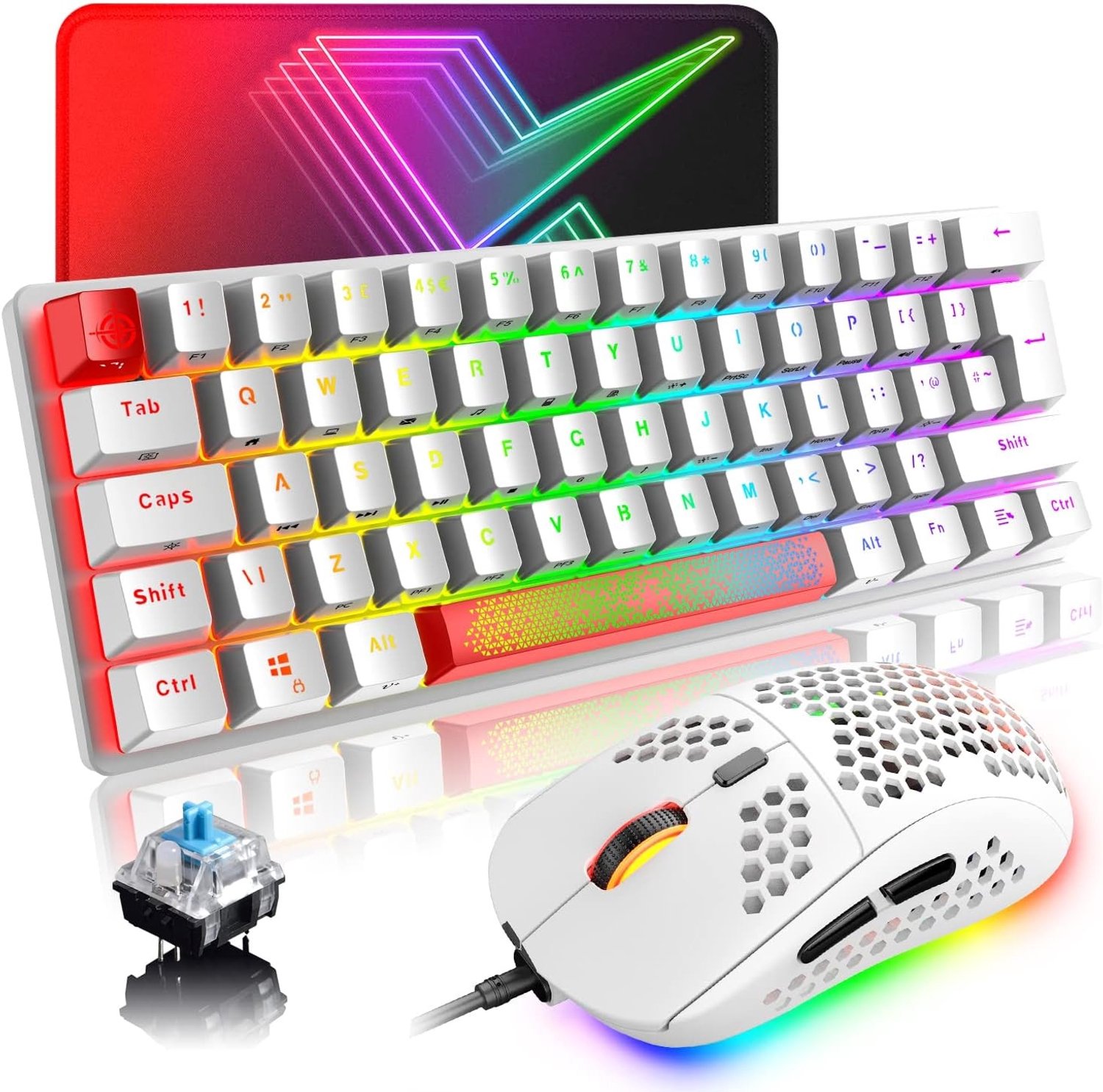 Mechanisch Gaming Toetsenbord - Wit met Blauw Schakelaar - 62 Toetsen - Compact en Lichtgewicht - Voor PC/Laptop/MAC