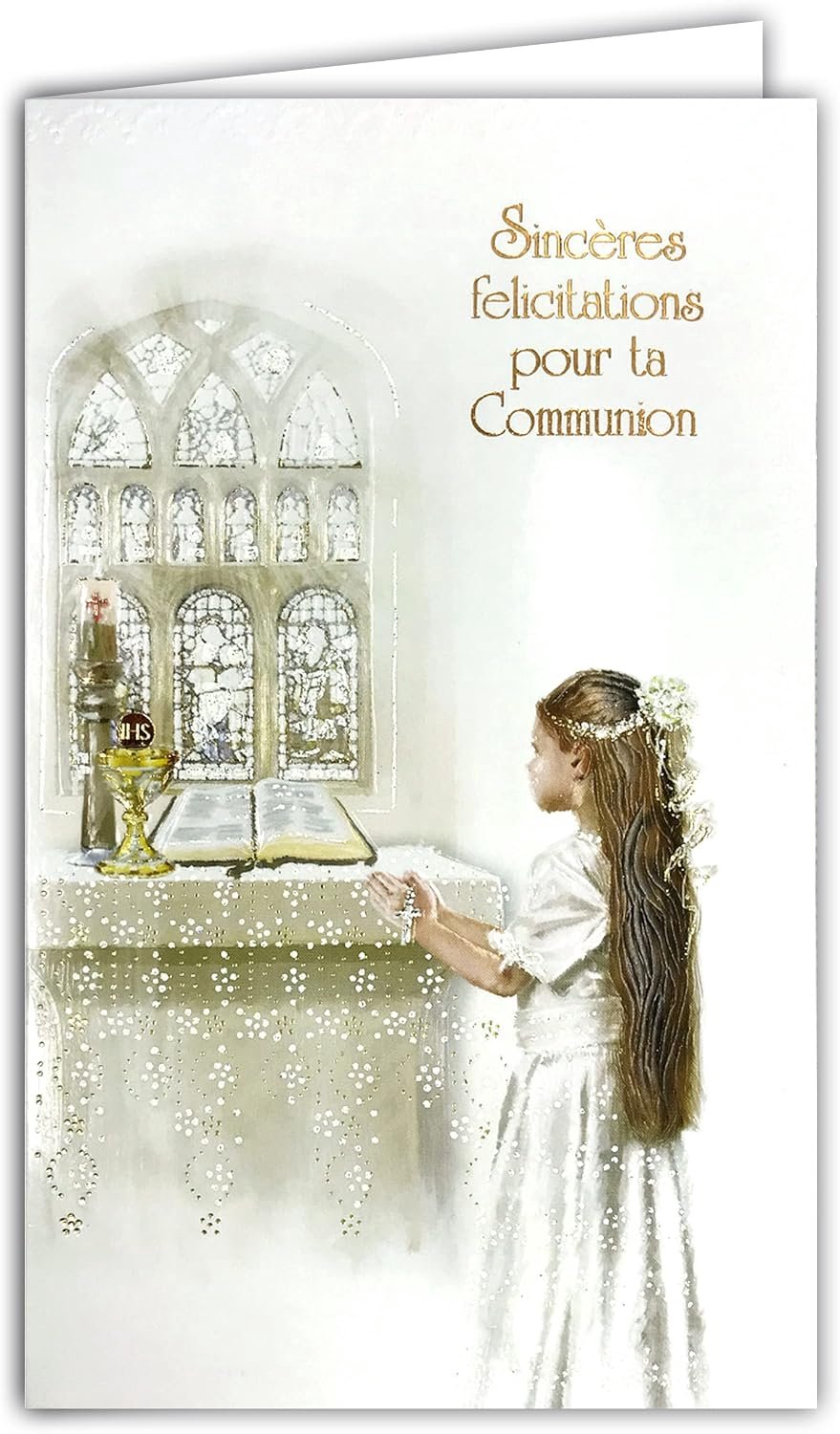Communion meisjes hartelijke felicitatie kerk katholiek bijbel kaars Oostie Cup met envelop formaat 12 x 19,5 cm papier FSC duurzaam beheer bossen gemaakt in Europa 19-635