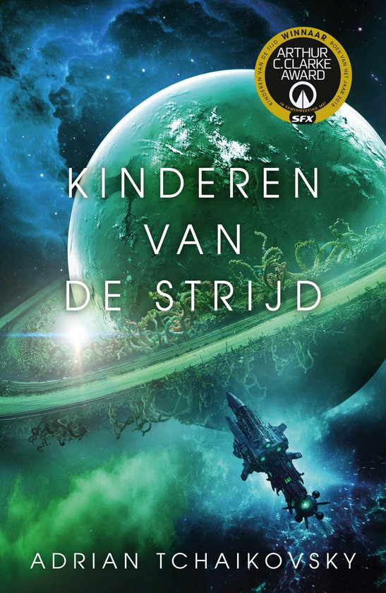 Boekomslag: Groene planeet met ringen, ruimteschip en Arthur C. Clarke Award-sticker.