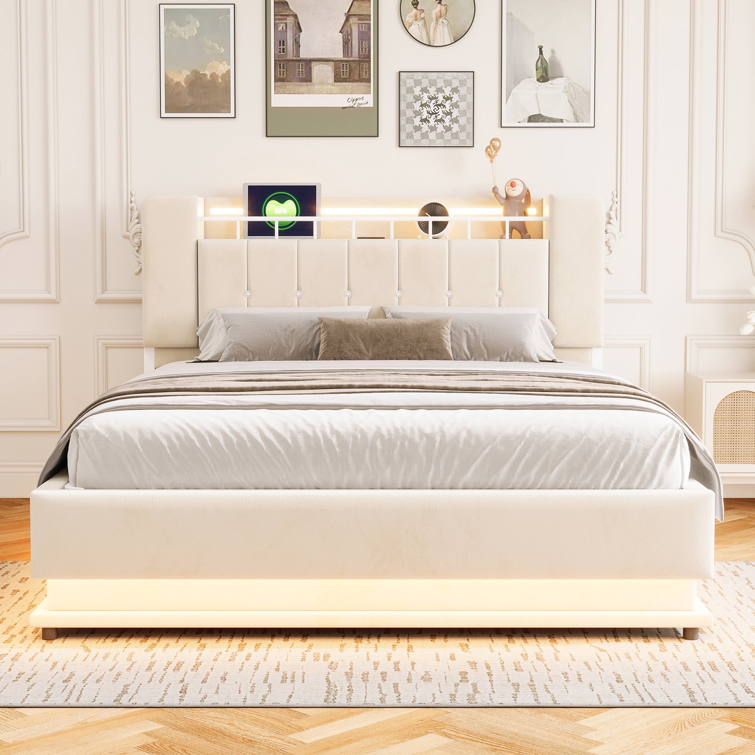 Merax Gestoffeerd bed 160 x 200 cm - met LED-verlichting - USB-poort en opbergruimte - metalen frame - beige - zonder matras