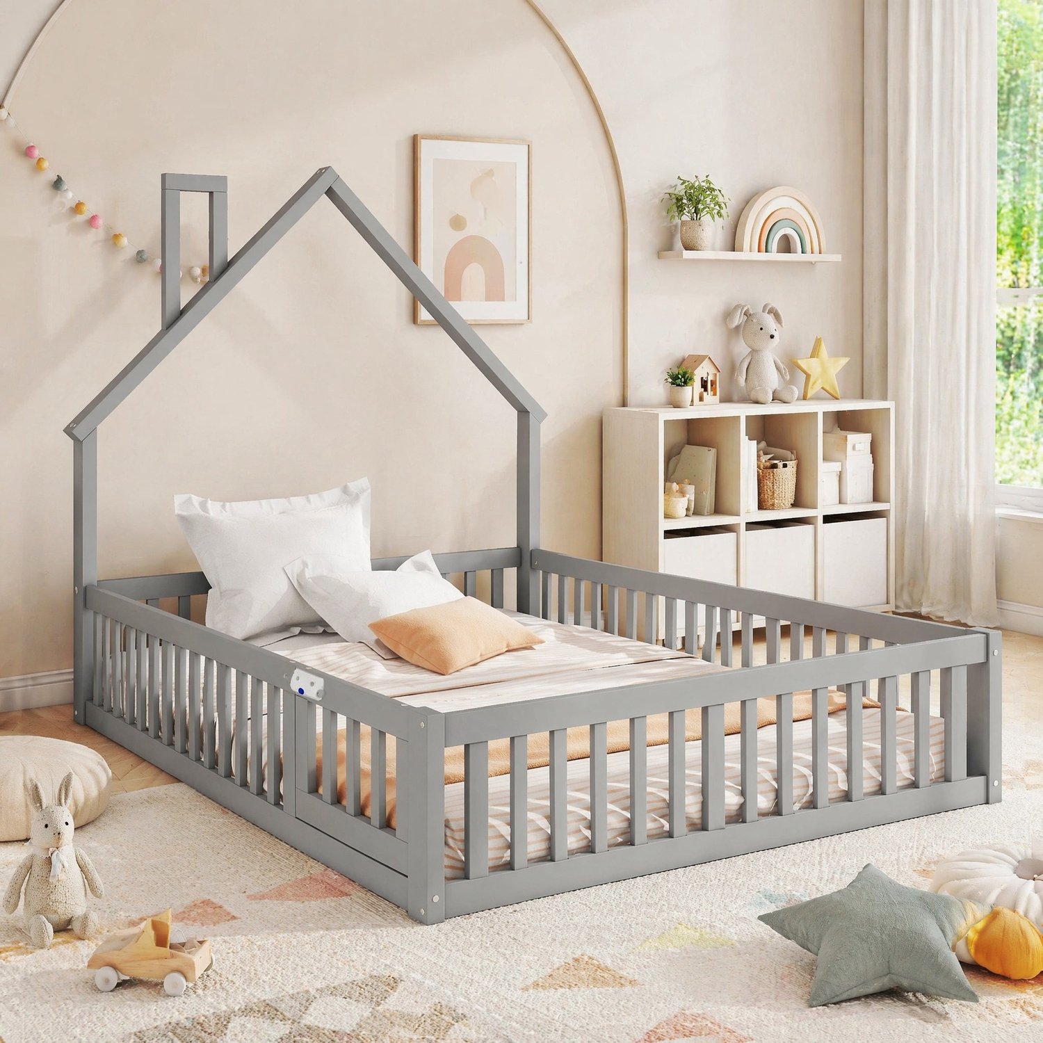 CHICFURN Kinderbed 140 x 190 cm - lattenbodem en veiligheidshekjes - grijs