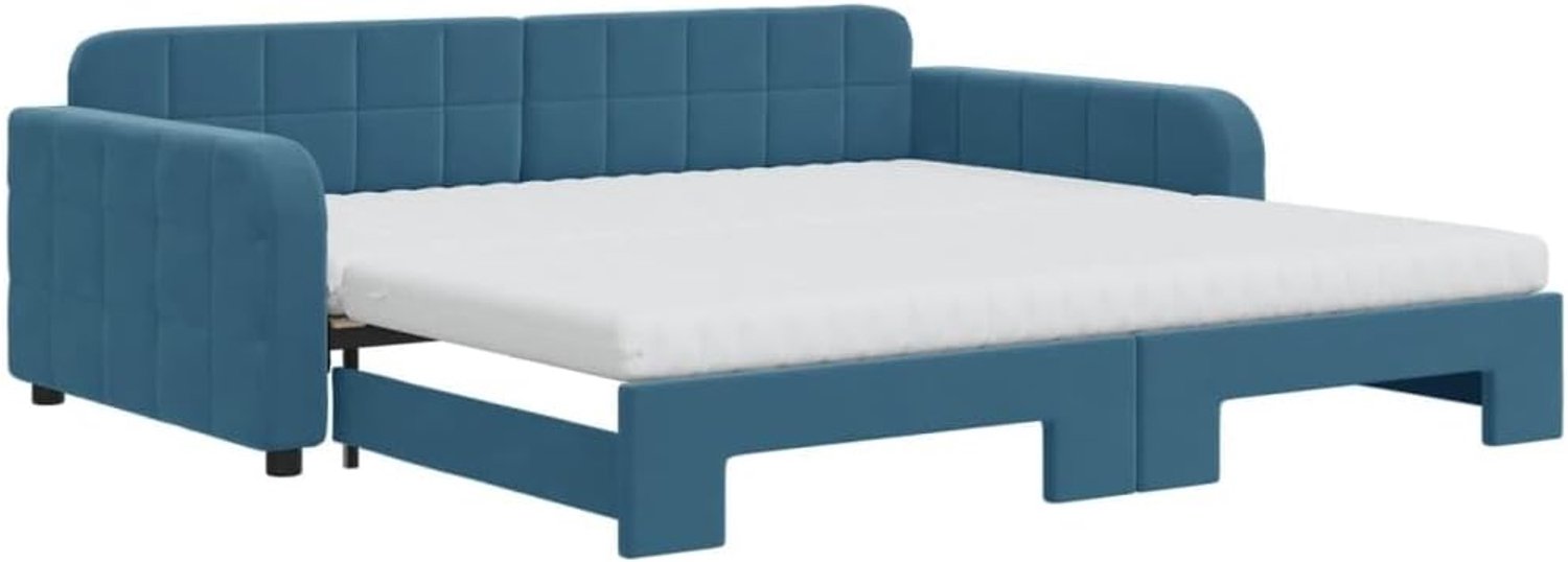 Familiebed, dagbed, hotelbed, uittrekbaar met matrassen, blauw, 100 x 200 cm, fluweel, voor slaapkamer, logeerkamer