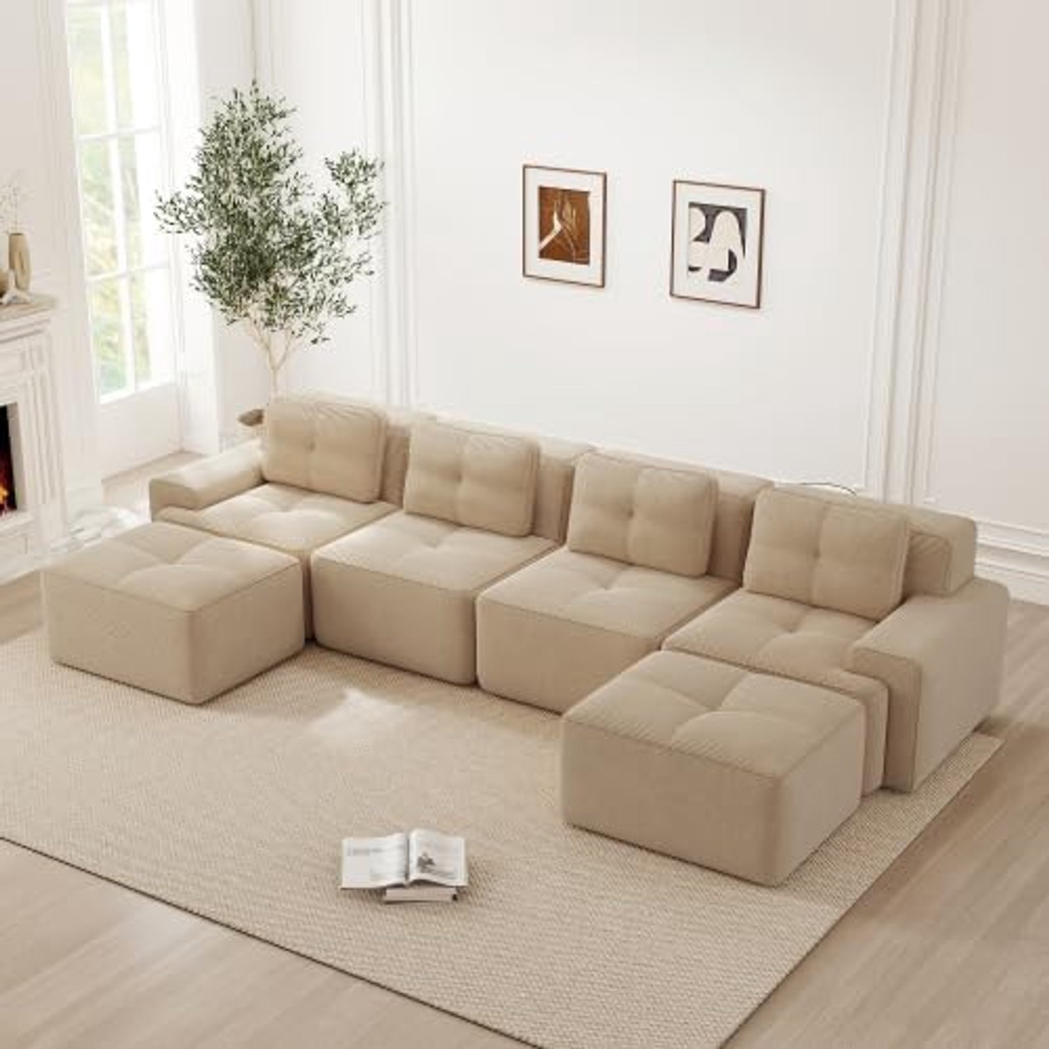4-zits corduroy sofa, U-vormige hoekbank, slaapbank met ottoman, montagevrij, diepe zitbank, boneless compressiebanken, combineerbaar, loungebank voor woonkamer, beige, 4-zits + 2