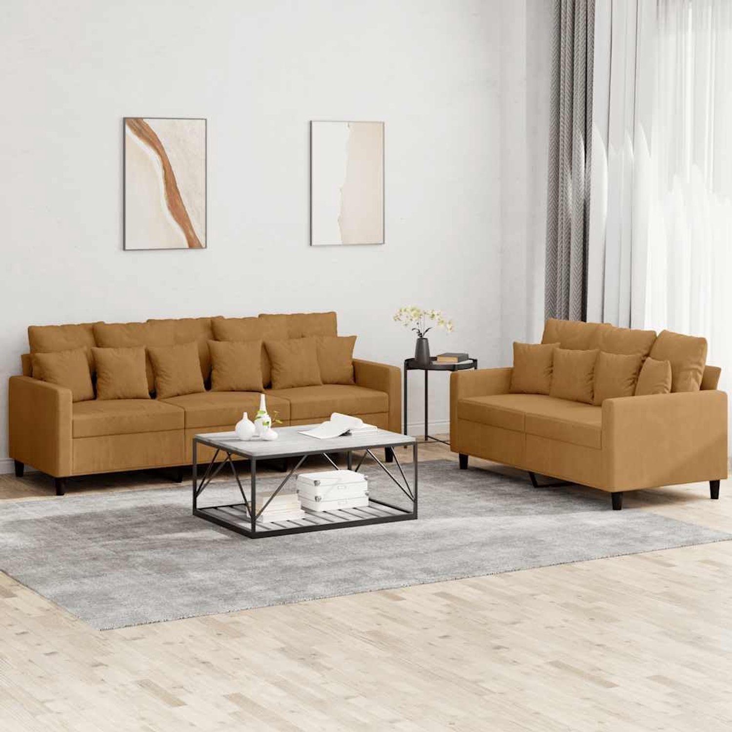 2-delig. Bankset met kussen bruin fluweel, zachte velours bekleding en robuust metalen frame voor duurzaamheid en comfort