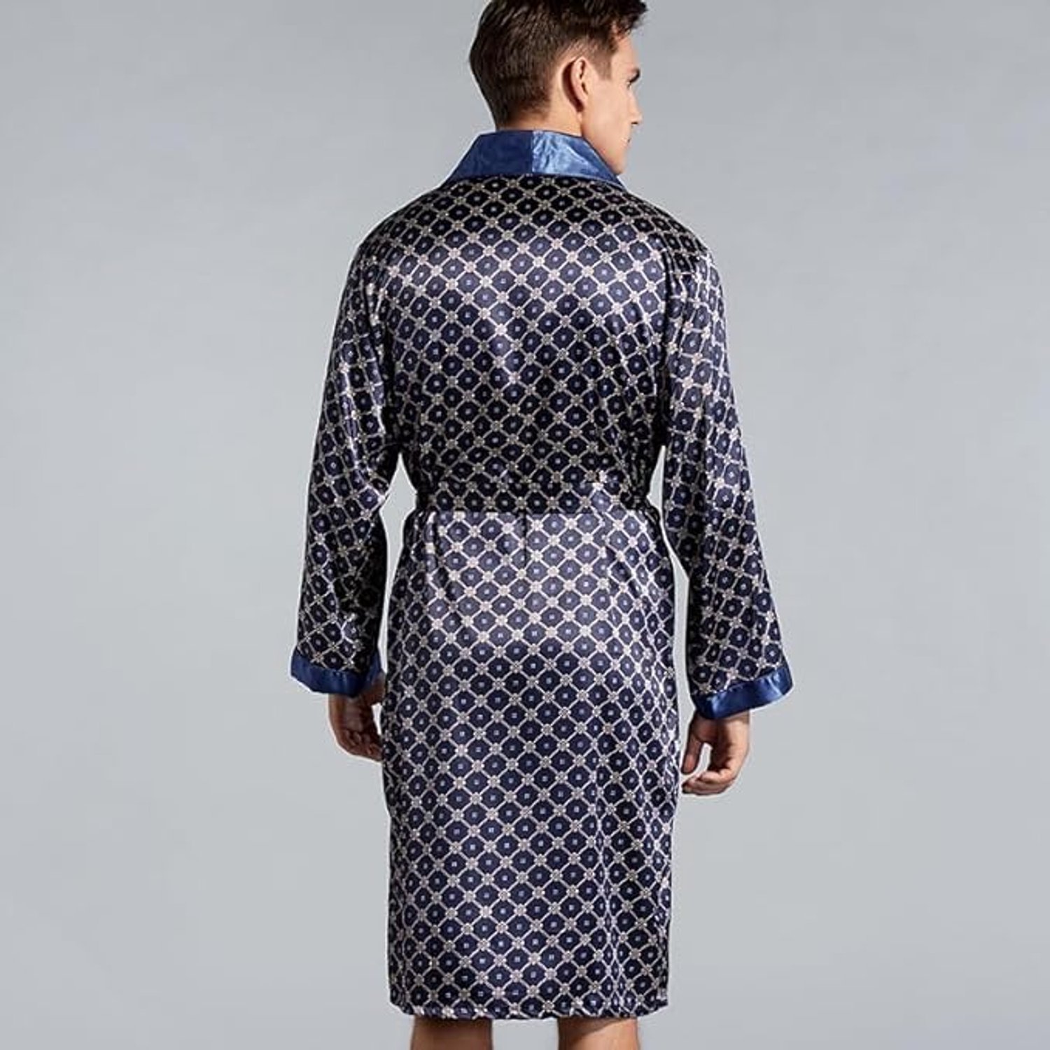 Satijnen Badjas met Geometrisch Patroon, Marineblauw