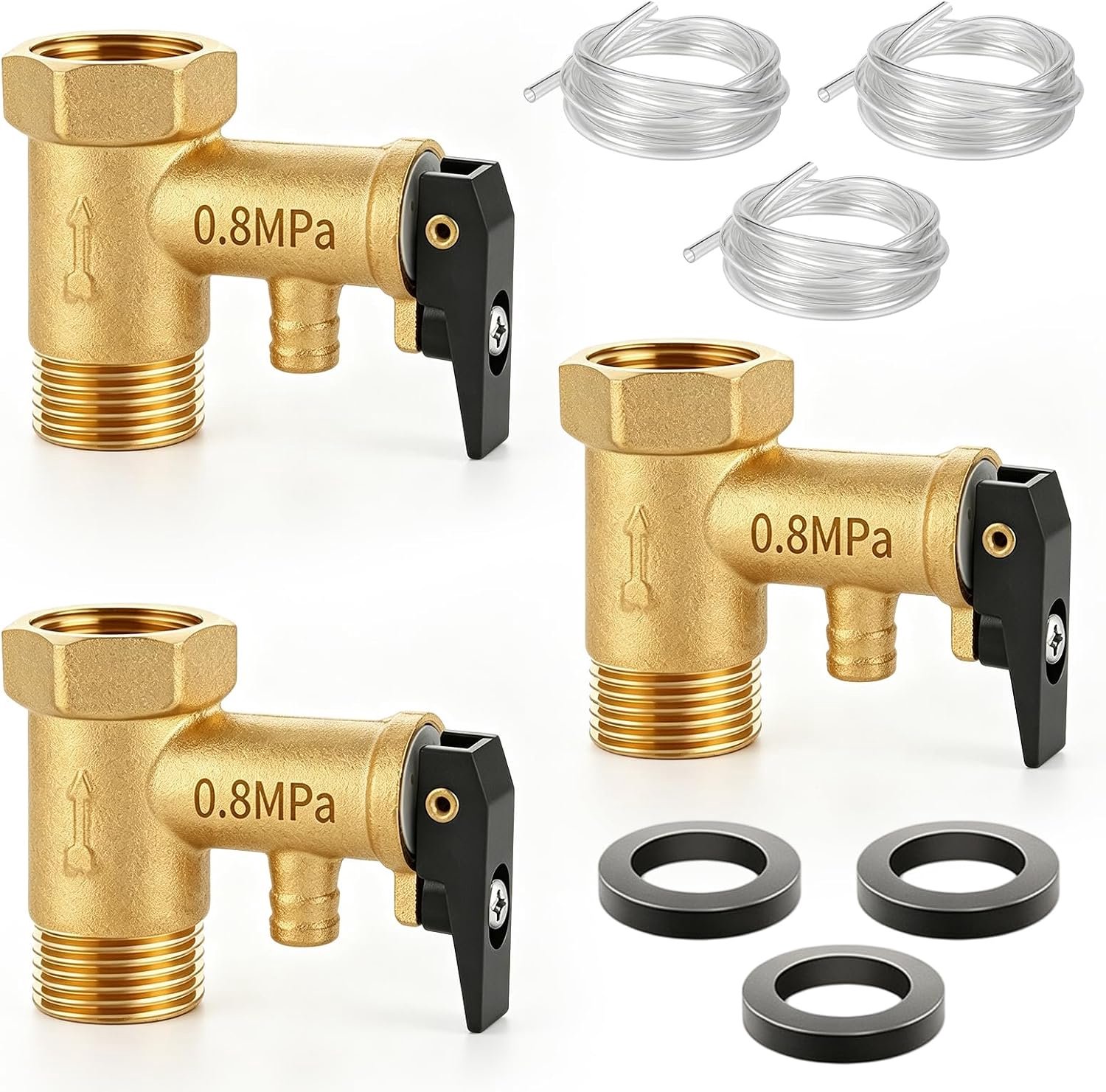 3 stuks veiligheidsventielen 1/2 inch, 0,8 MPa overdrukventiel boiler, messing veiligheidsventiel, drukbegrenzingsventiel met siliconen slang en afdichting, geschikt voor boilers